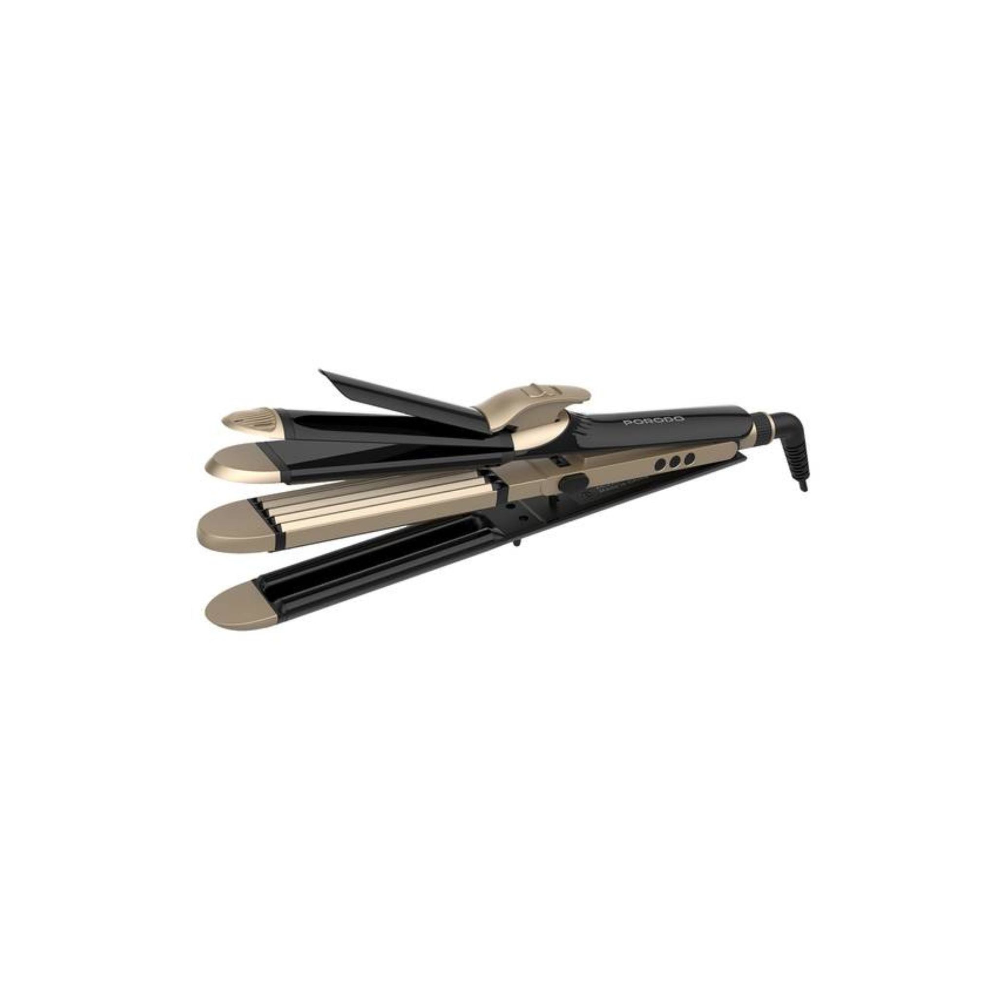 A black Porodo Lifestyle Hair Iron with ceramic plates and multi-styling modes, featuring an LED display and heat-resistant design.