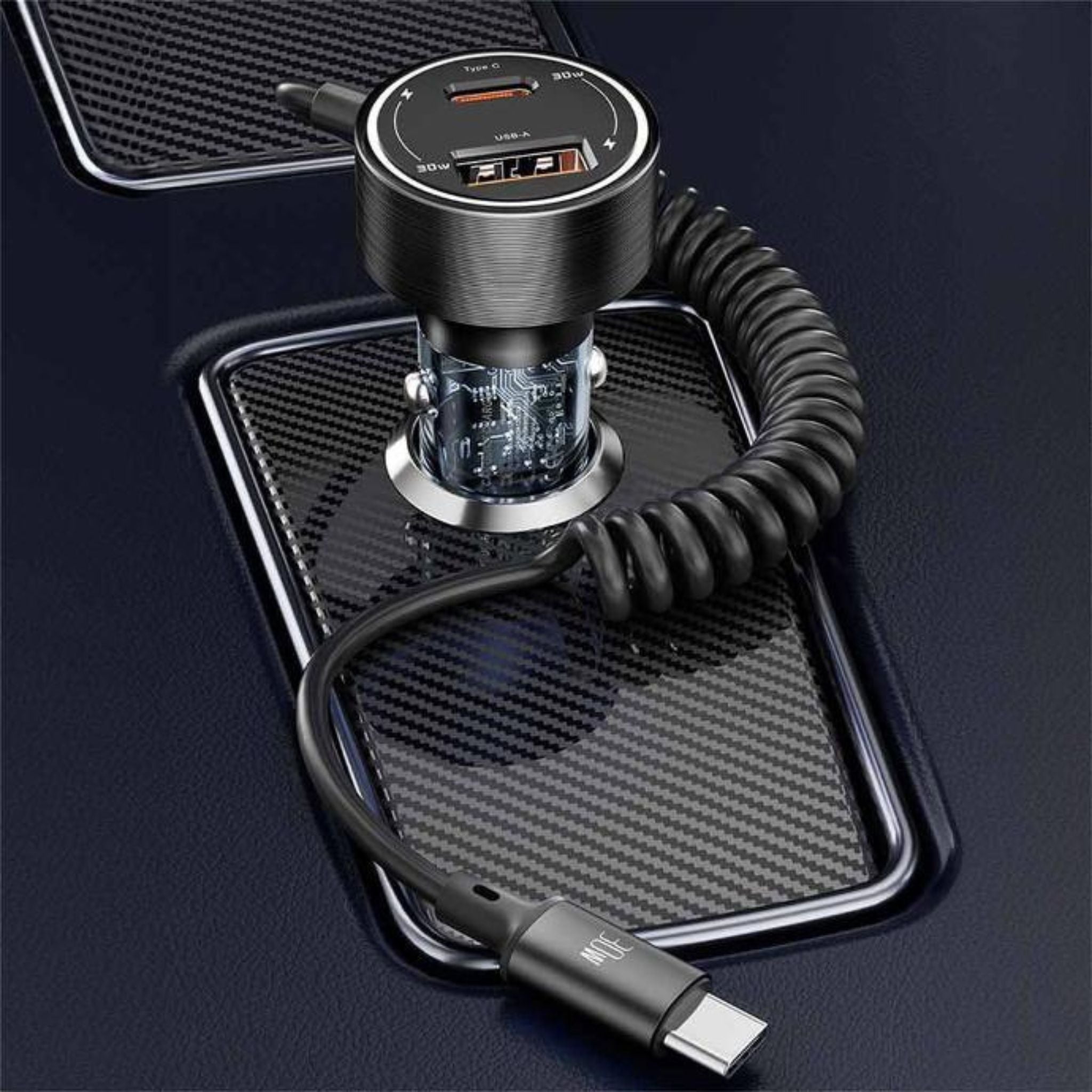 Porodo 60W Transparent Dual Port Car Charger with PD 30W & QC 18W, Integrated Type-C Cable, Aluminum Alloy & PC Material, Universal Compatibility, Simultaneous Charging - Black