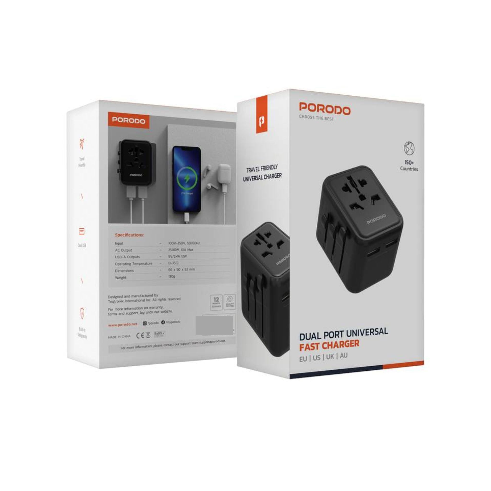 Porodo Dual USB-A Universal Travel Adapter 2.4A, Lightweight & Portable, Travel Friendly, Fast Charging, Dual USB-A, 0–35°C Operating Temperature, Built-in Safeguards - Black