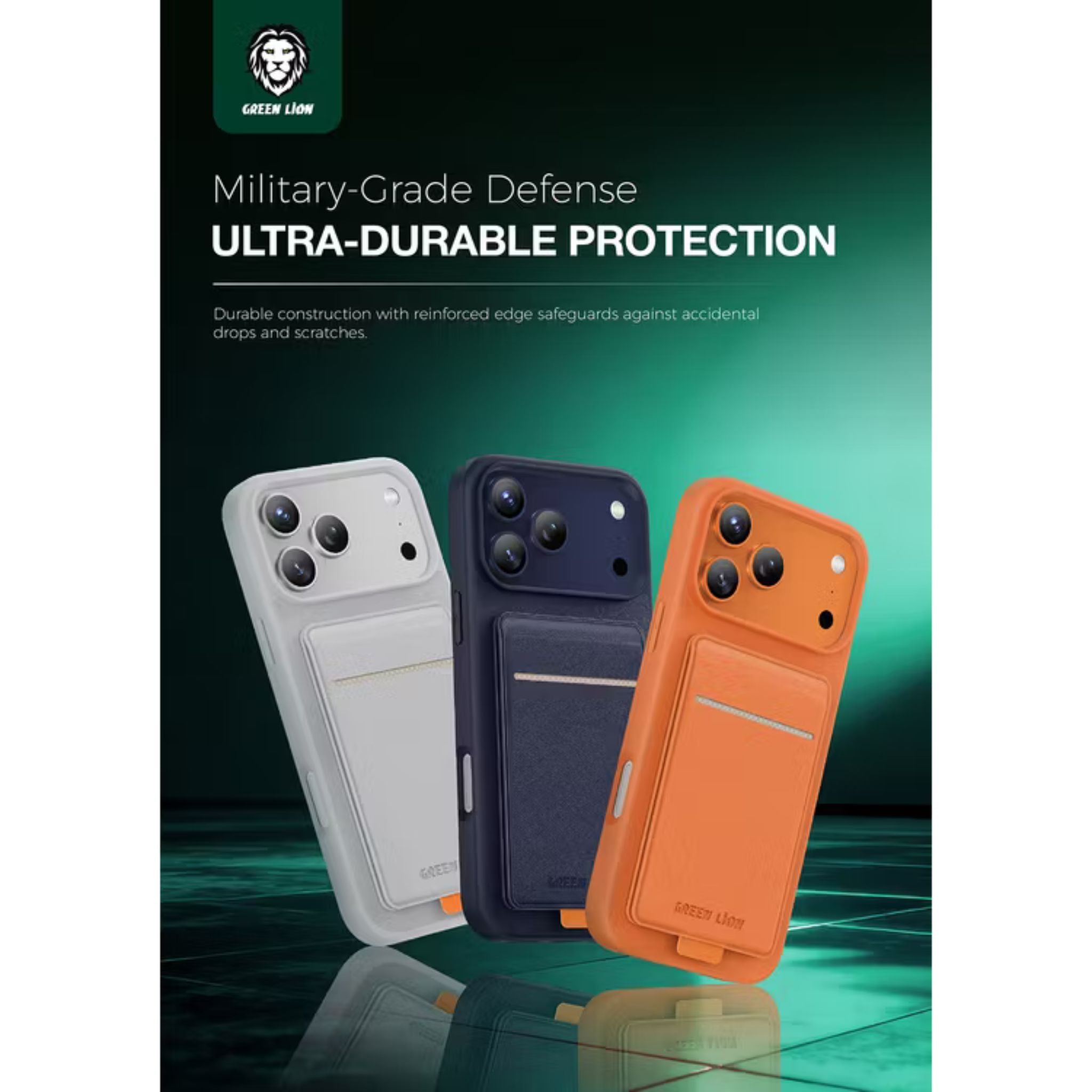 Green Lion Regal MagSafe Leather Case with Card Holder for iPhone 17 Pro, Anti-Fingerprint, Foldable Stand, Camera Protection, Comfortable Grip, Anti-Scratch, Shock Absorption - Orange