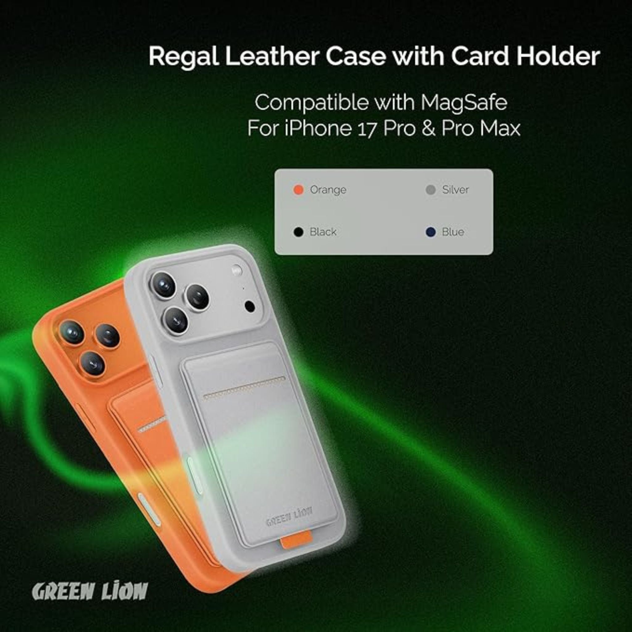 Green Lion Regal MagSafe Leather Case with Card Holder for iPhone 17 Pro Max, Anti-Fingerprint, Foldable Stand, Camera Protection, Comfortable Grip, Anti-Scratch, Shock Absorption - Orange
