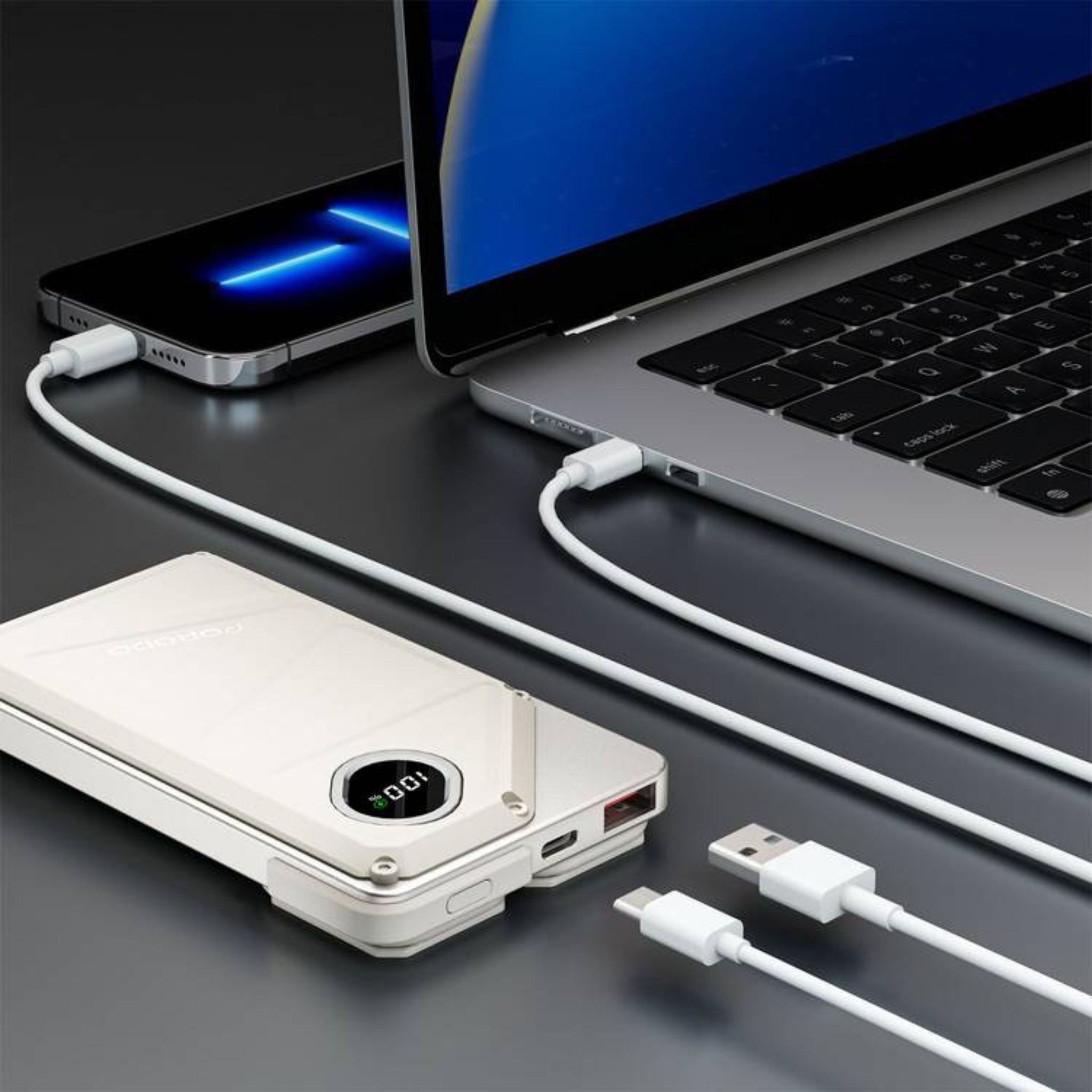 Porodo Power Bank 2x Type-C, 10000mAh, 2.4A Lightning, 22.5W USB-A Output, PD 20W, Digital Display, Simultaneous Charging - White