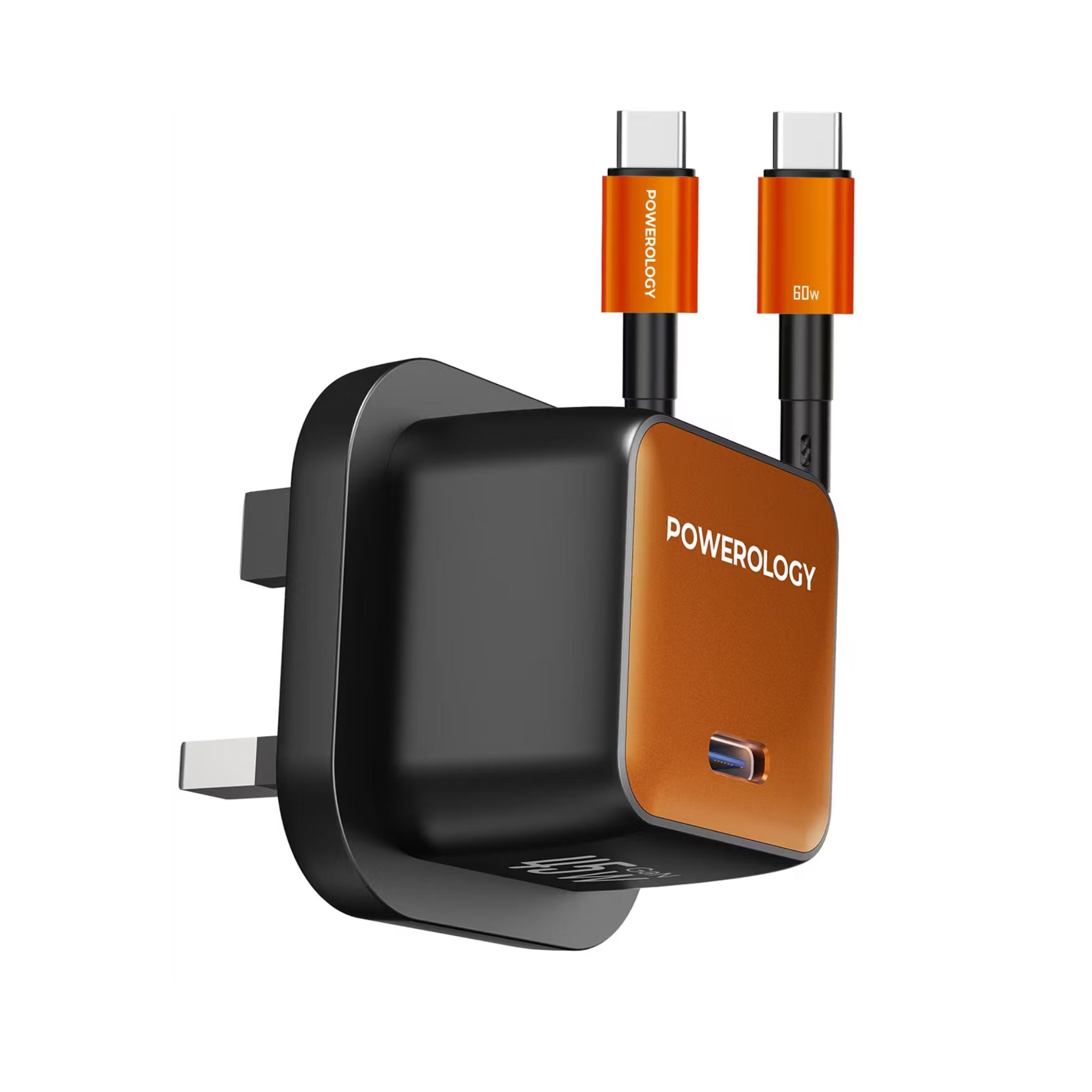 Powerology QX 45W Pocket-Sized GaN Adapter with Safety Protections, 1m USB-C to USB-C Cable Included, USB-C Port, Ultra-Compact Design, UK 3-Pin Plug, PD 45W - Black / Titanium Orange