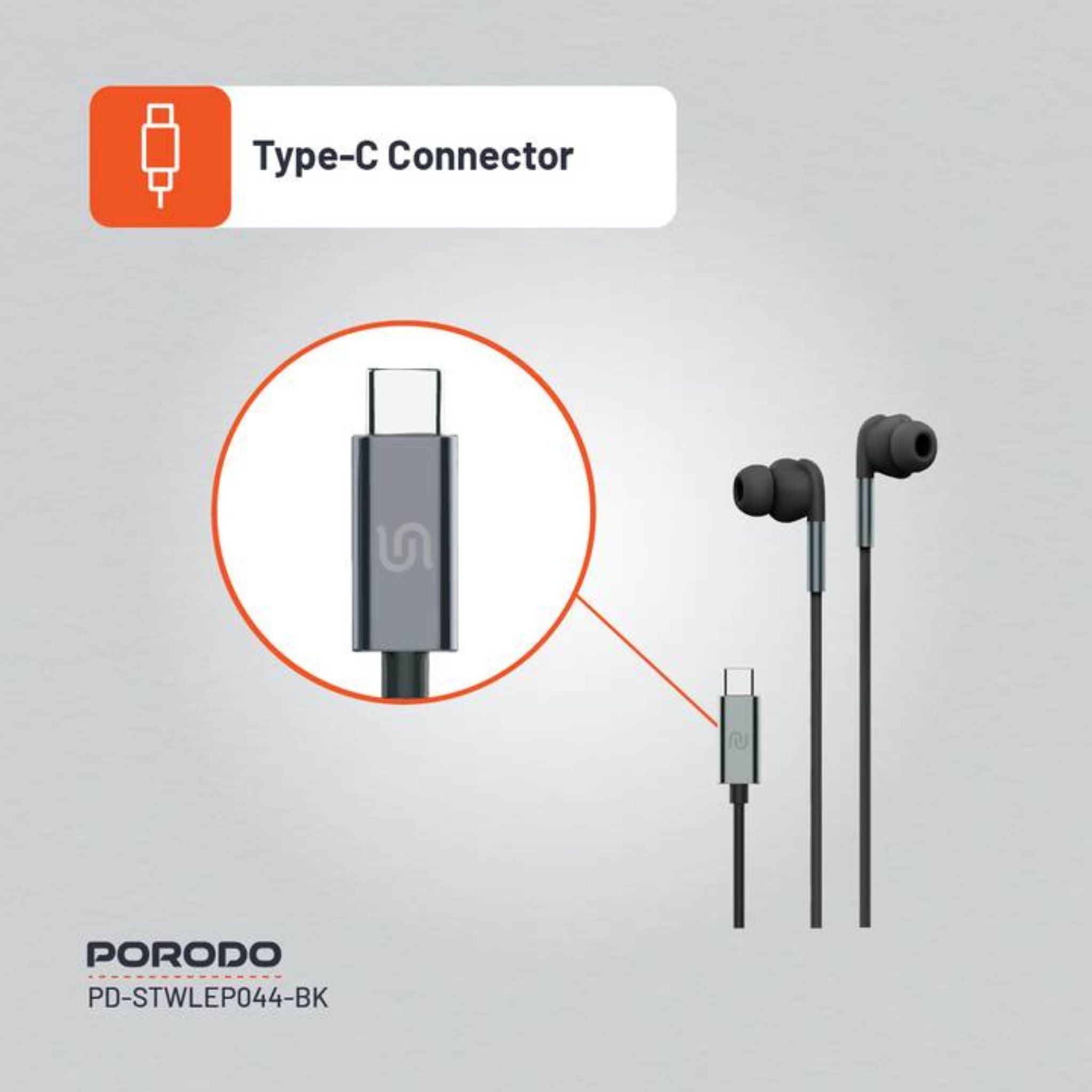 Porodo Soundtec Stereo Earphones, TPE + Metal + ABS Material, Type-C Connection, 1.2m Cable Length, High-Clarity Mic, Crisp Audio - Black
