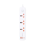 A white Green Lion GS-300 power strip with three AC sockets, two USB Type-C ports, and two USB Type-A ports, featuring a UK plug.