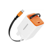 Porodo Tezpatro 65W GaN Charger with USB-C Retractable Cable, 1.5A Rated Current, 65W Power Delivery, 80cm Cable Length, Flame-Retardant Housing, Fast Charge Support - White / Orange