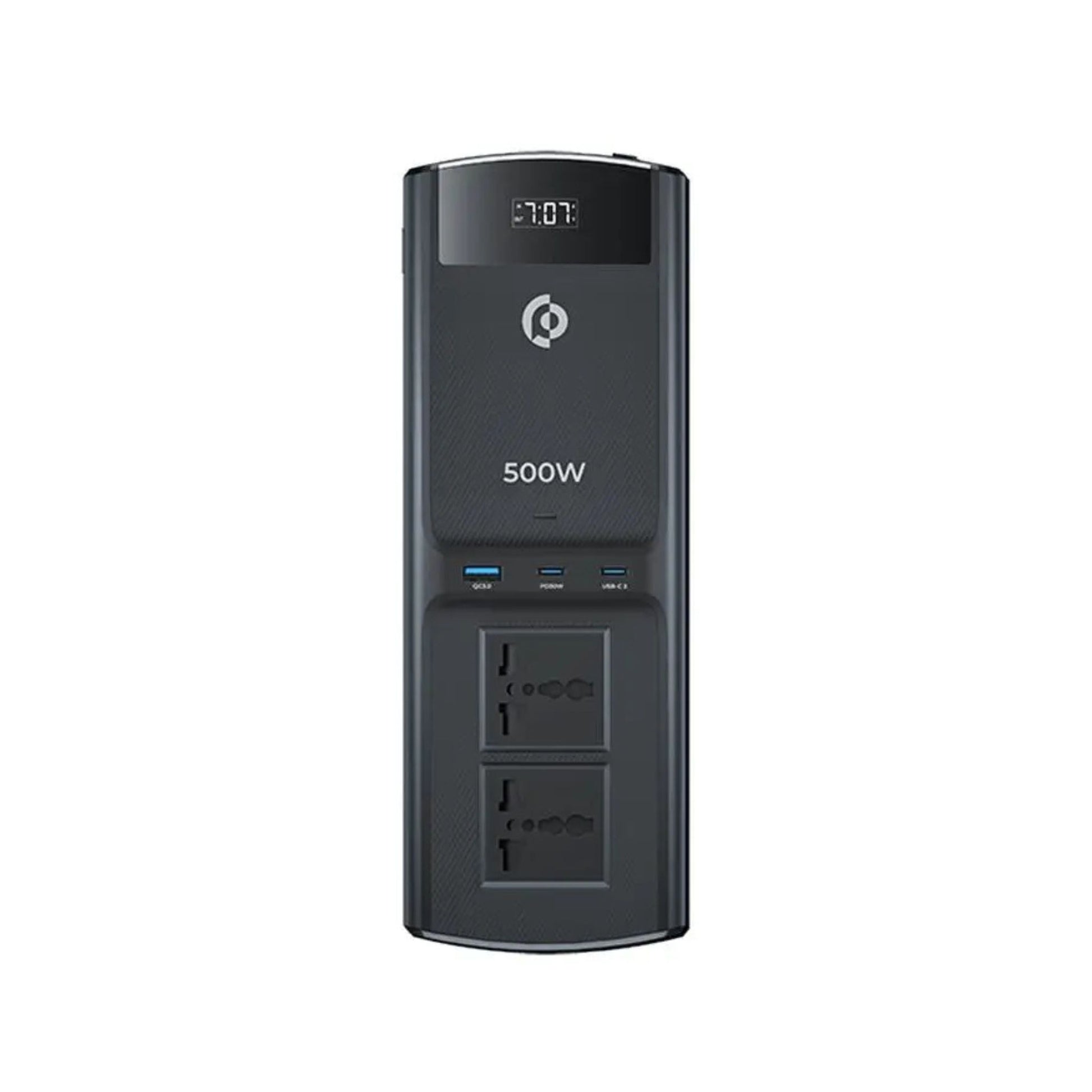A black Powerology 500W Universal MultiPort Car Inverter with a digital display showing '500W', multiple USB ports, and a cigarette lighter adapter.