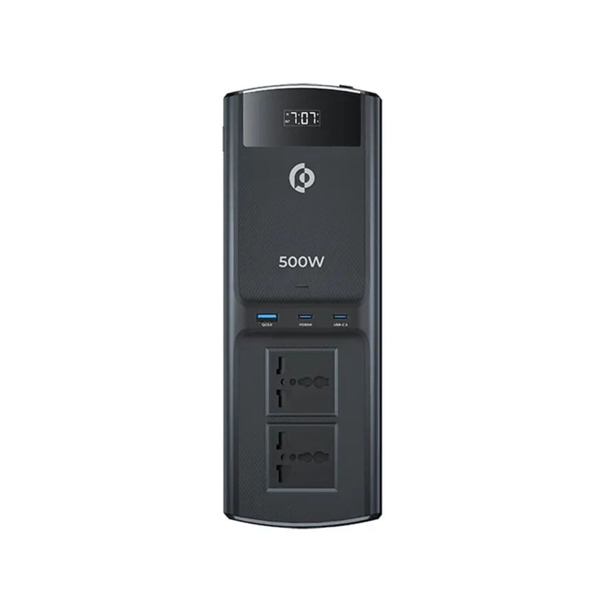 A black Powerology 500W Universal MultiPort Car Inverter with a digital display showing '500W', multiple USB ports, and a cigarette lighter adapter.