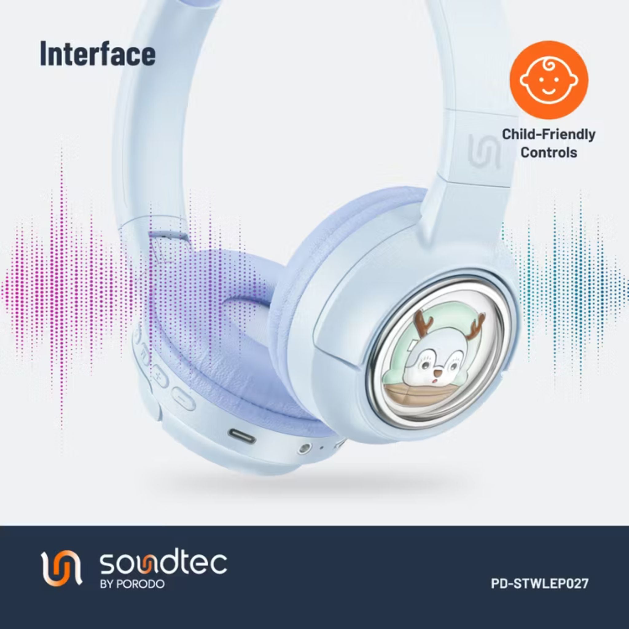 Porodo Soundtec Moose Wireless Kids Headphones with LED Lights, 40mm Speaker, 20 Hours Play Time, Bluetooth 5.3, 400mAh Battery, USB-C Charging Port, Comfort Cushions