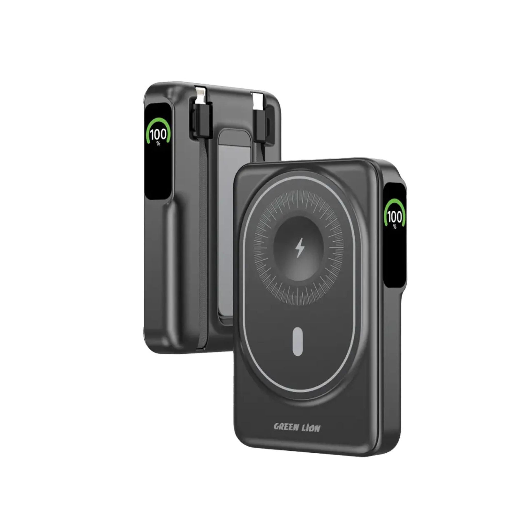 A black Green Lion Mag-Vision 10000mAh power bank with a digital display and multiple charging outputs.