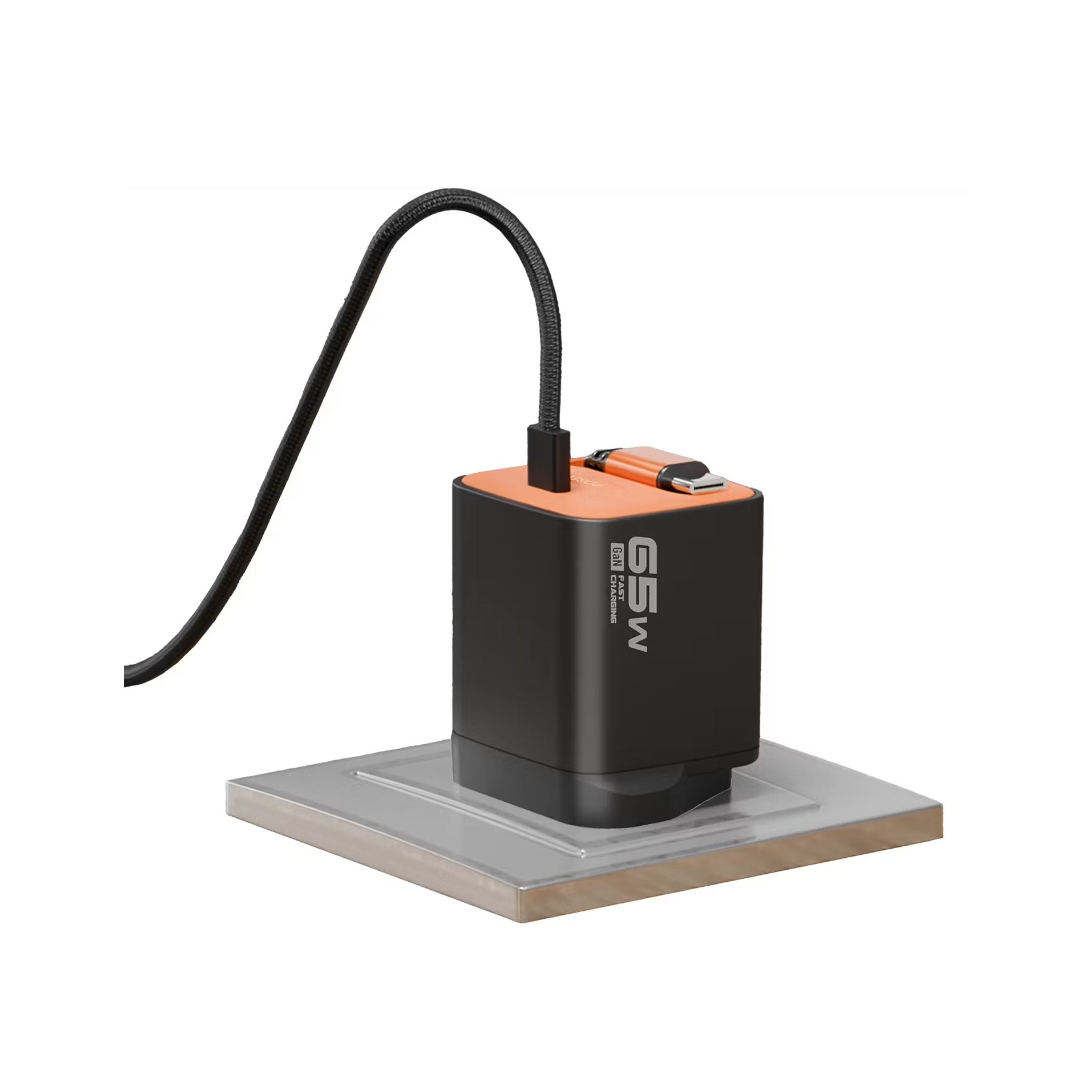 Porodo Tezpatro 65W GaN Charger with USB-C Retractable Cable, 1.5A Rated Current, 65W Power Delivery, 80cm Cable Length, Flame-Retardant Housing, Fast Charge Support - Black / Orange