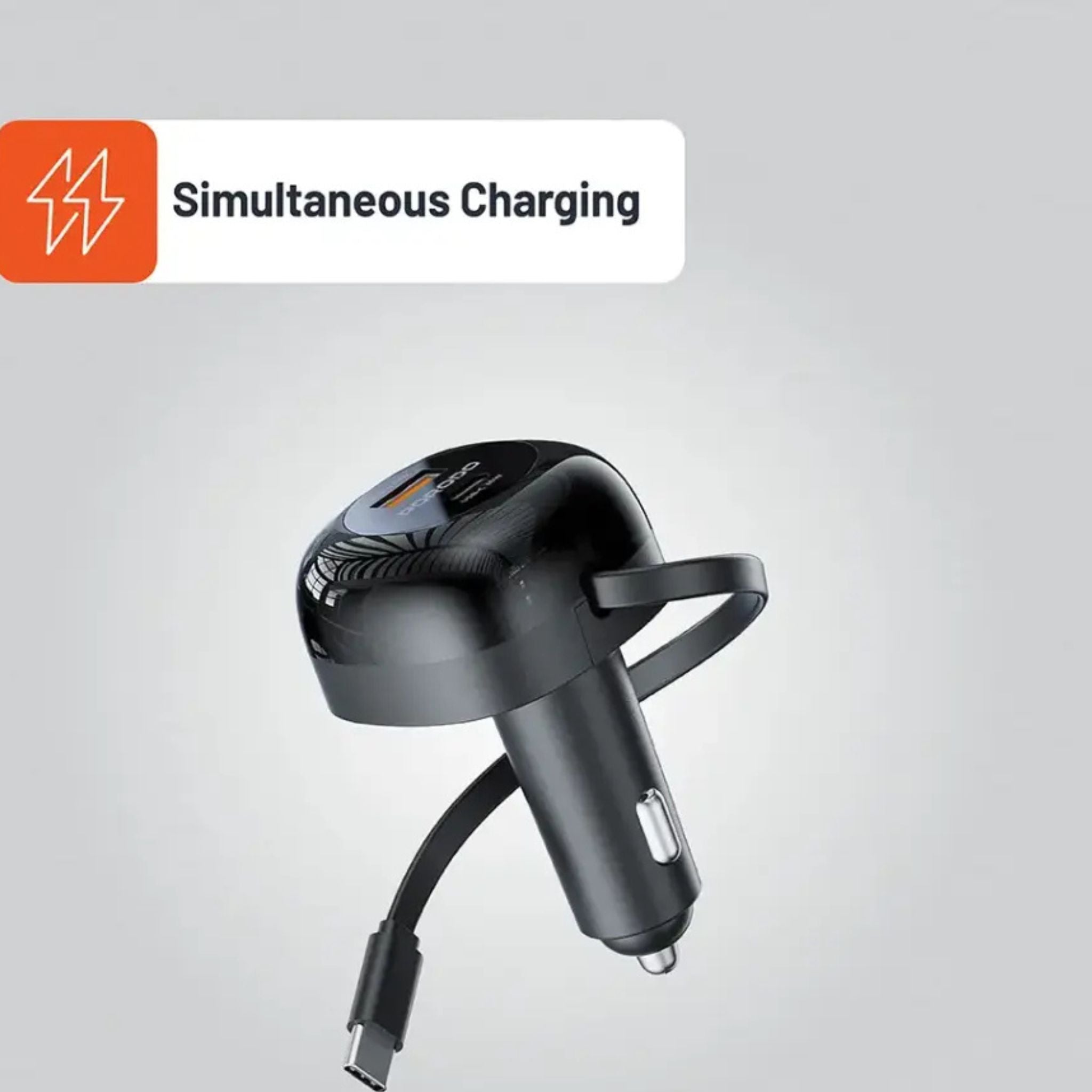 Porodo Dual Port Car Charger with 80cm Retractable Type-C Cable, Simultaneous Charging, Universal Compatibility, 47W Total Output Power - Black