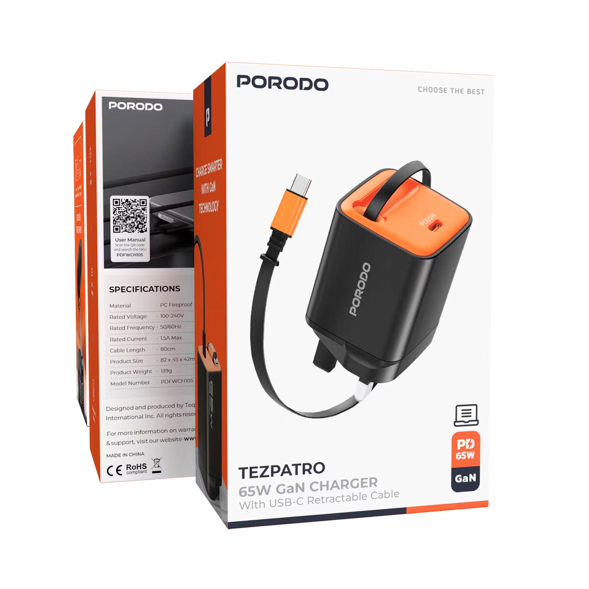 Porodo Tezpatro 65W GaN Charger with USB-C Retractable Cable, 1.5A Rated Current, 65W Power Delivery, 80cm Cable Length, Flame-Retardant Housing, Fast Charge Support - Black / Orange