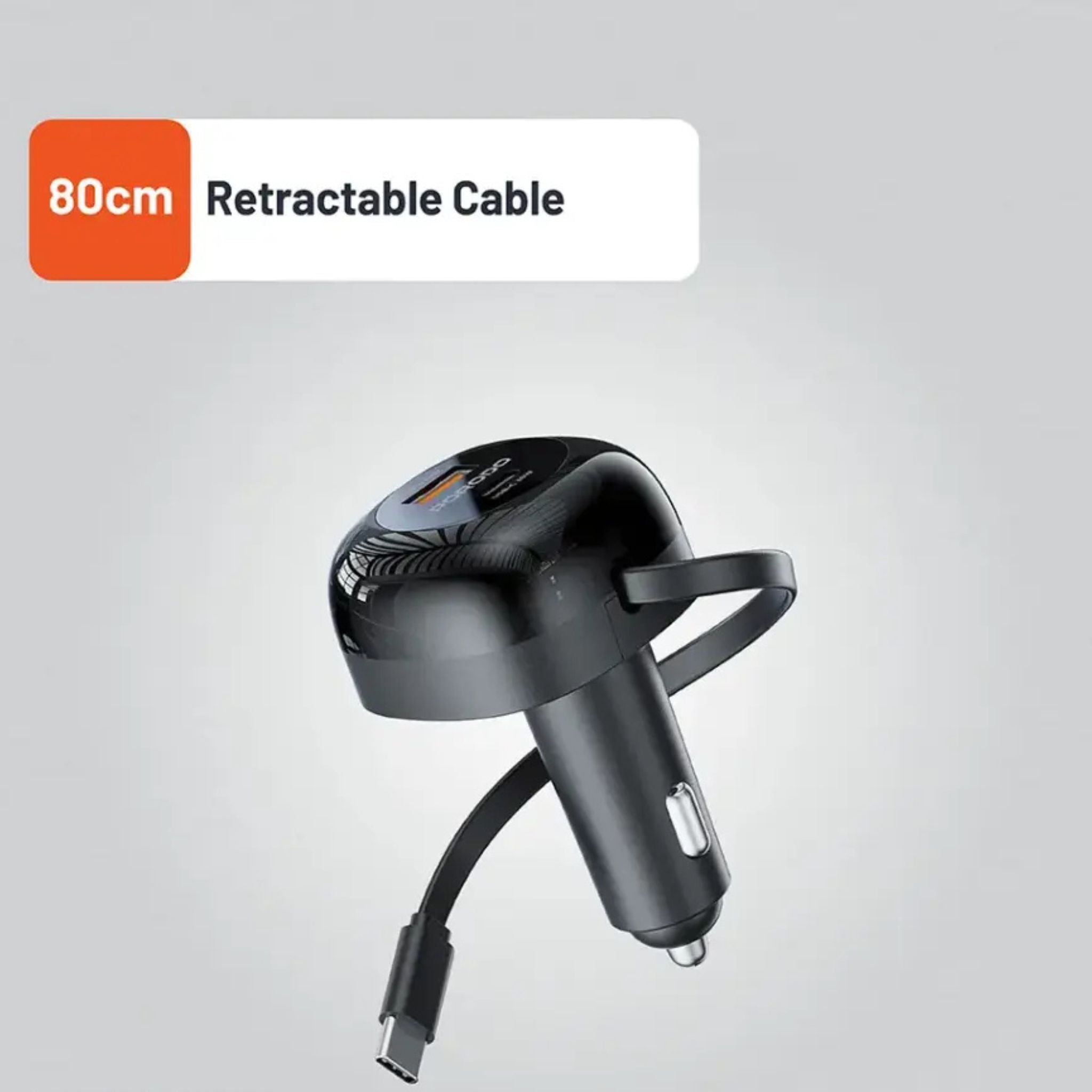 Porodo Dual Port Car Charger with 80cm Retractable Type-C Cable, Simultaneous Charging, Universal Compatibility, 47W Total Output Power - Black