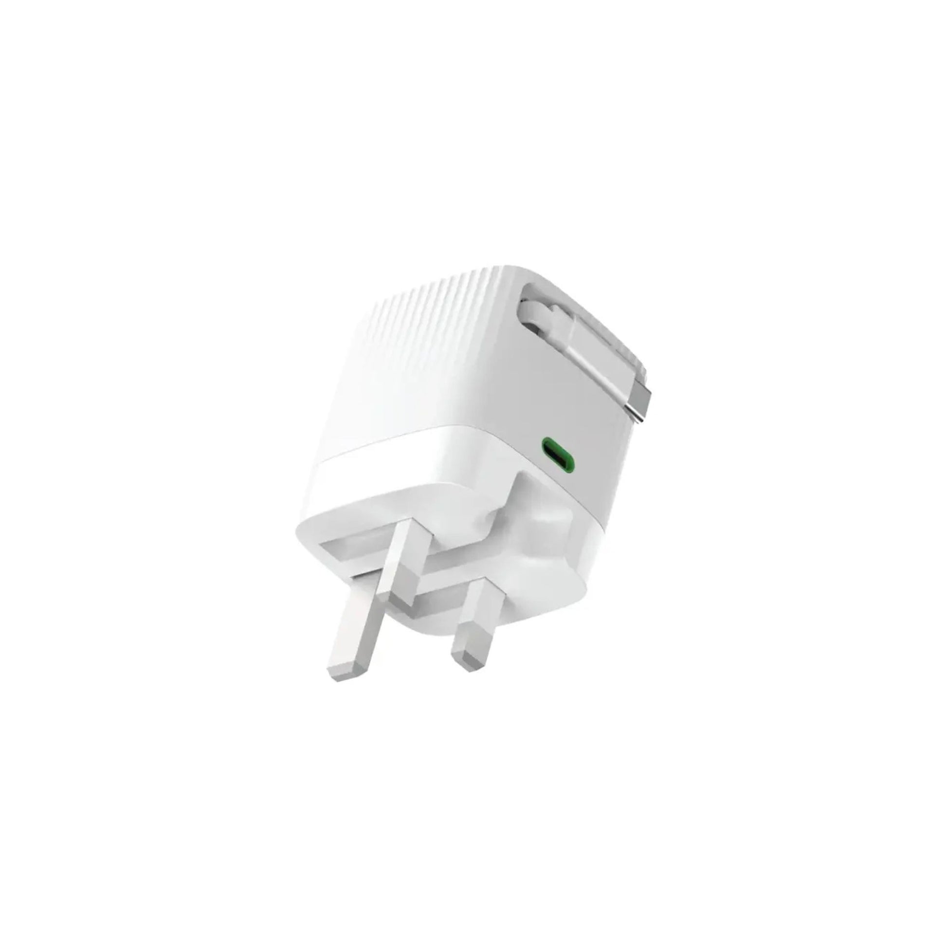 A white Green Lion Gan Adapter with a retractable USB-C cable, designed for fast charging.