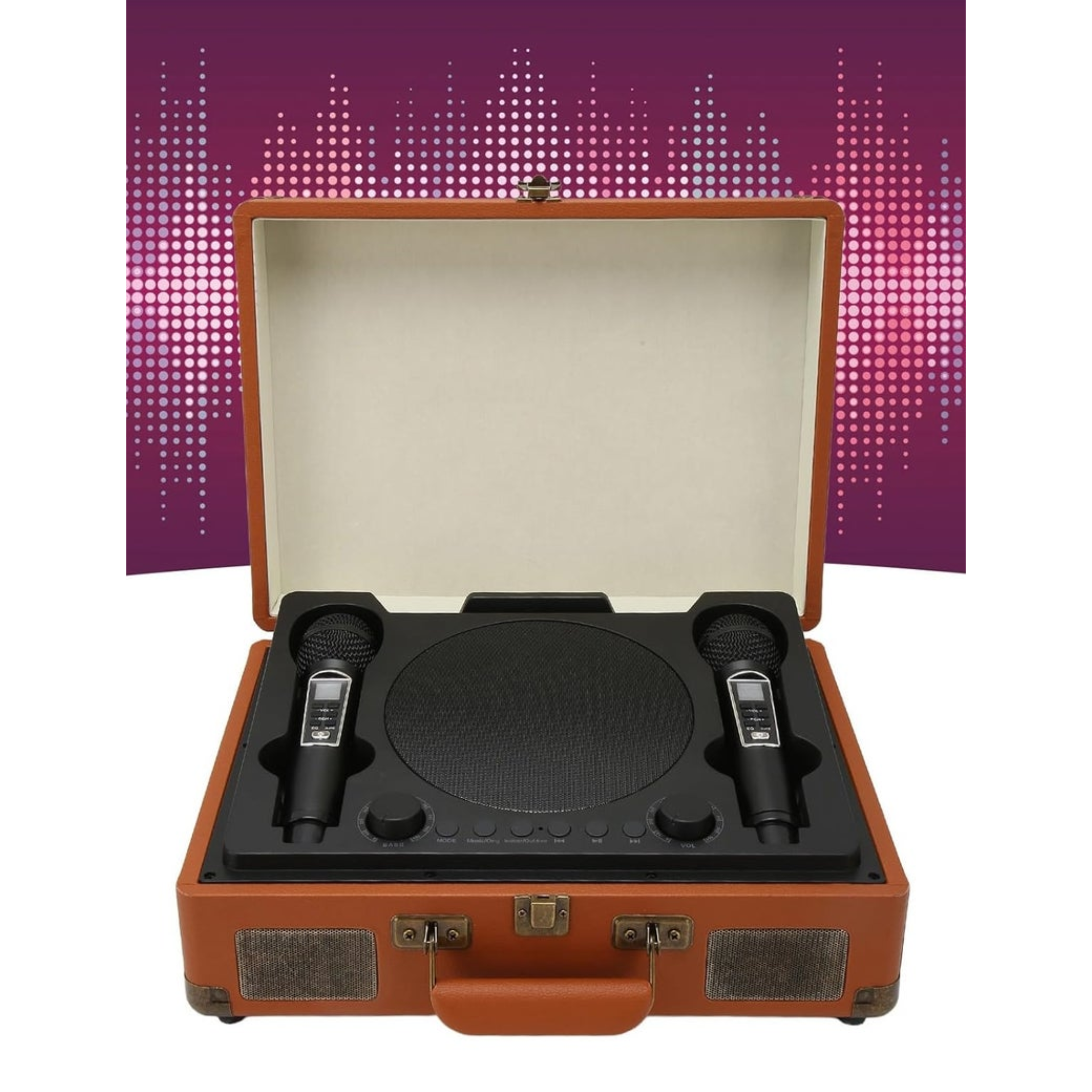 Smartbarry Wireless Party Speaker, Intelligent Noise Cancellation, Full-Range Stereo Karaoke Machine with HiFi Sound, Dual Microphones, Unique Suitcase Design - Brown