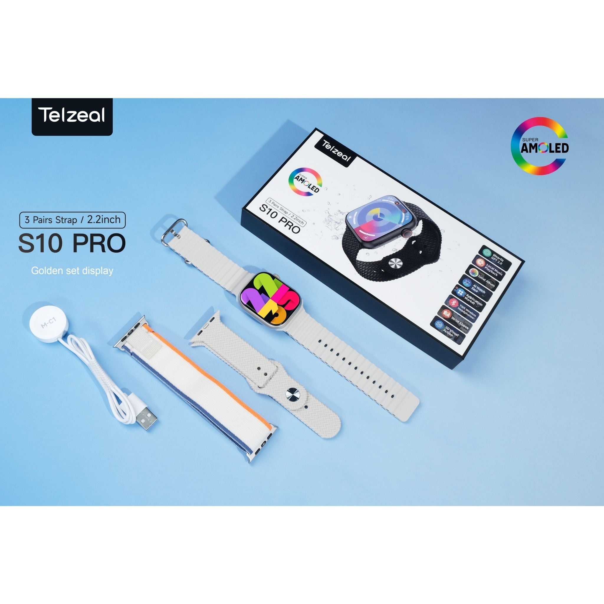 Telzeal S10 Pro AMOLED Display Smart Watch with 3 Pairs of Straps, Wireless Charger – Stylish, High-Resolution Display, Fitness Tracking, Heart Rate Monitoring, and More – Black