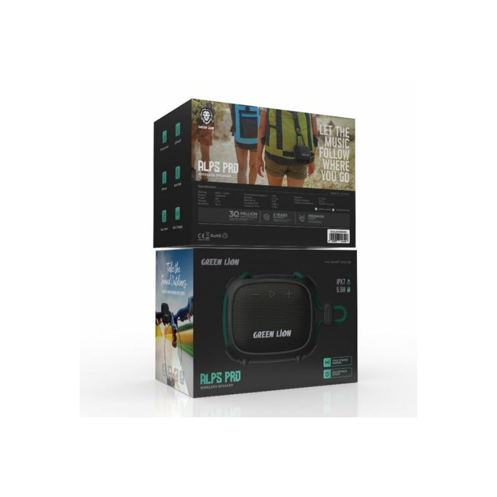 Green Lion Alps Pro Portable Bluetooth Speaker 8W with Bluetooth 5.3, IPX7 Waterproof, True Stereo Pairing, Boost Mode, USB-C Charging-Black