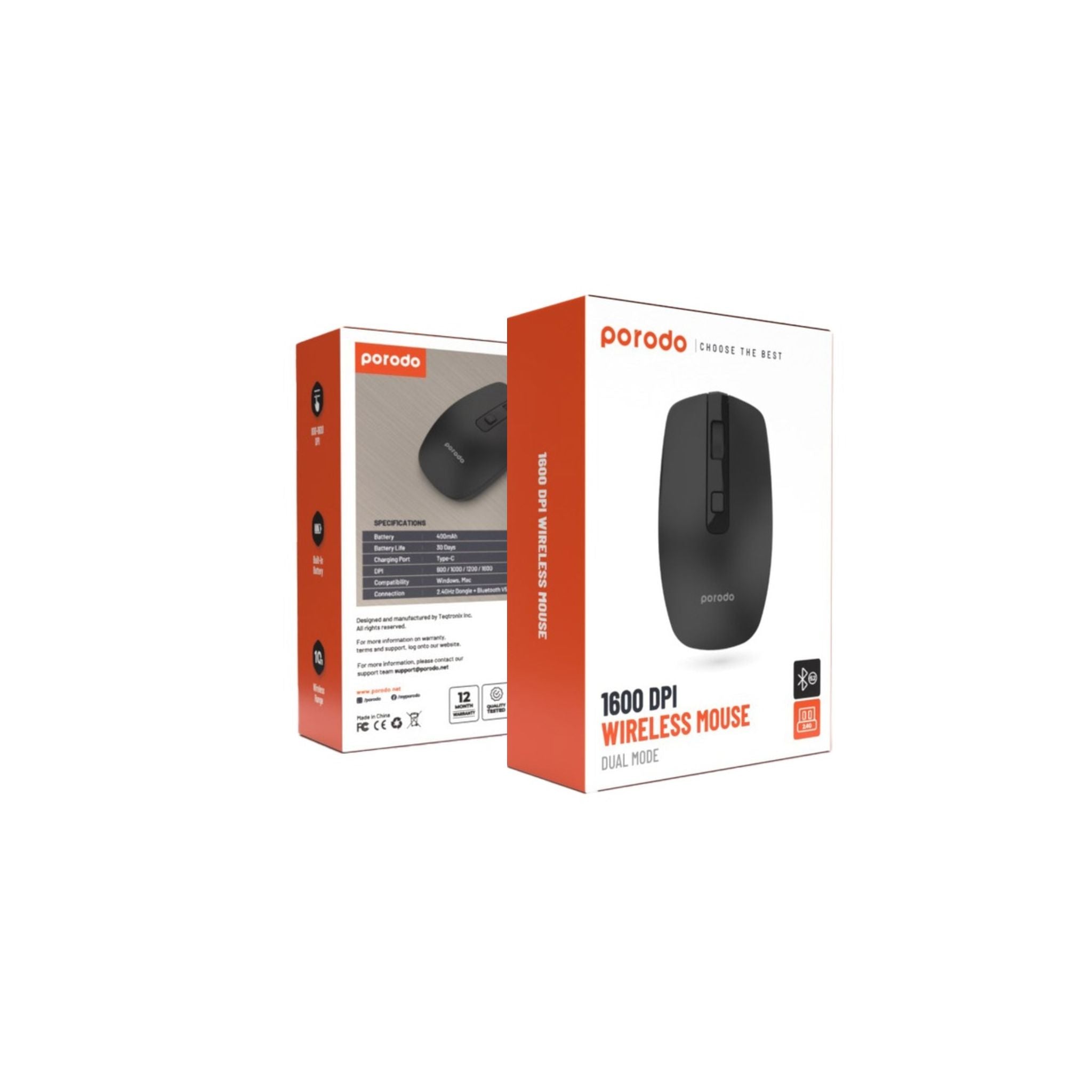 Porodo 1600 DPI Wireless Dual Mode Mouse with 10m Wireless Range, 30 Days Working Time, Built-in Battery - Black