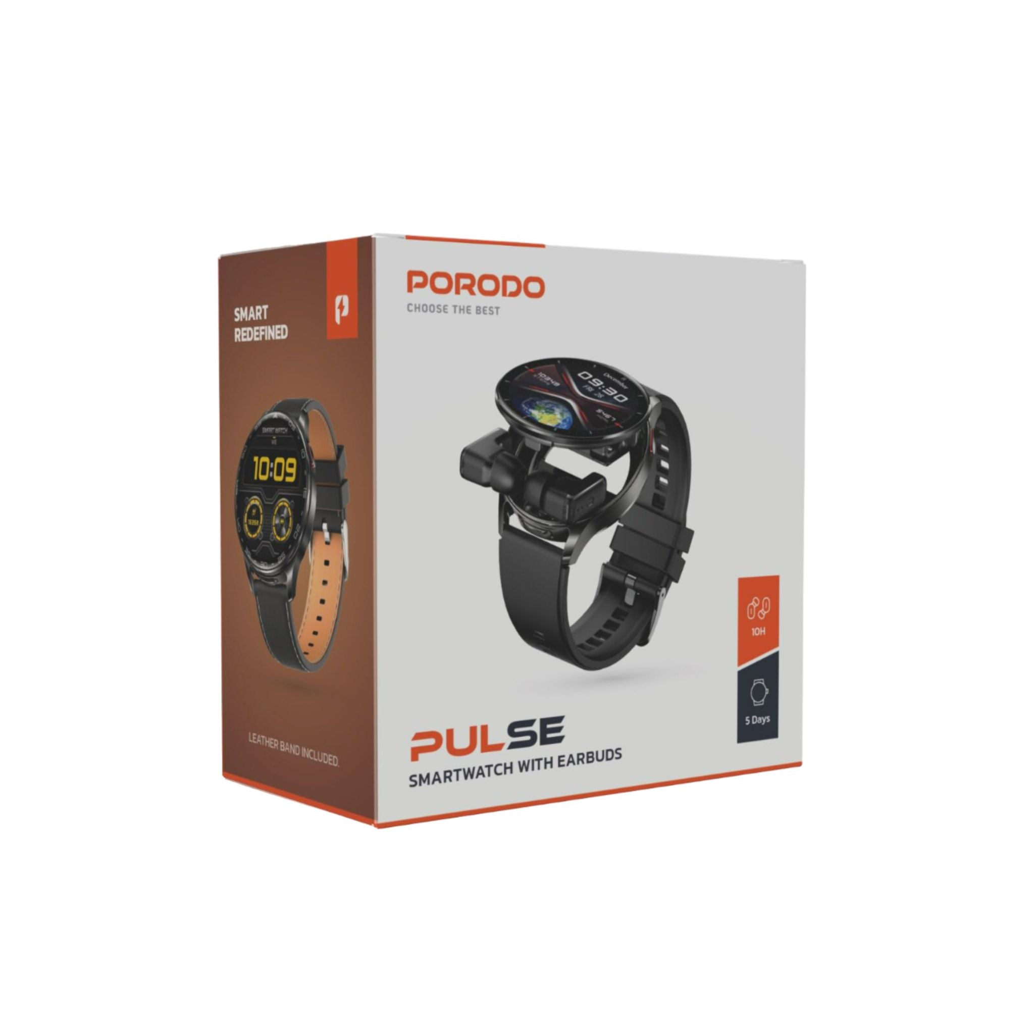 Porodo Pulse Smart Watch with Wireless Earbuds, Leather & Silicone Straps, Android 5.0 and iOS 10.0 and Above - Black