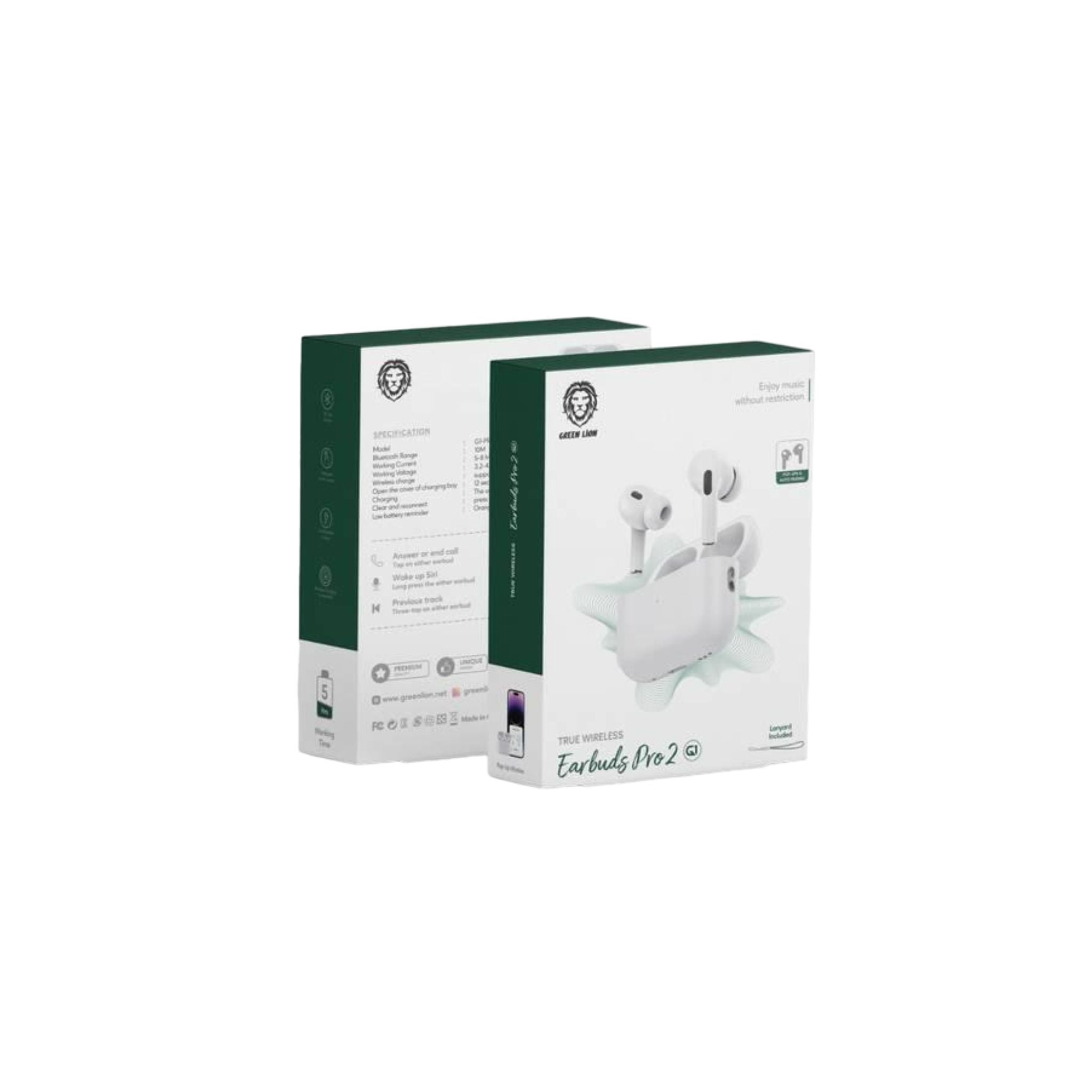 Green Lion Earbuds 2 G1 with 4 Hours Working Time, Wireless Charging, Touch Control, Bluetooth Version 5.3, 180 Hours Standby Time, Pop-Up & Auto Pairing - White