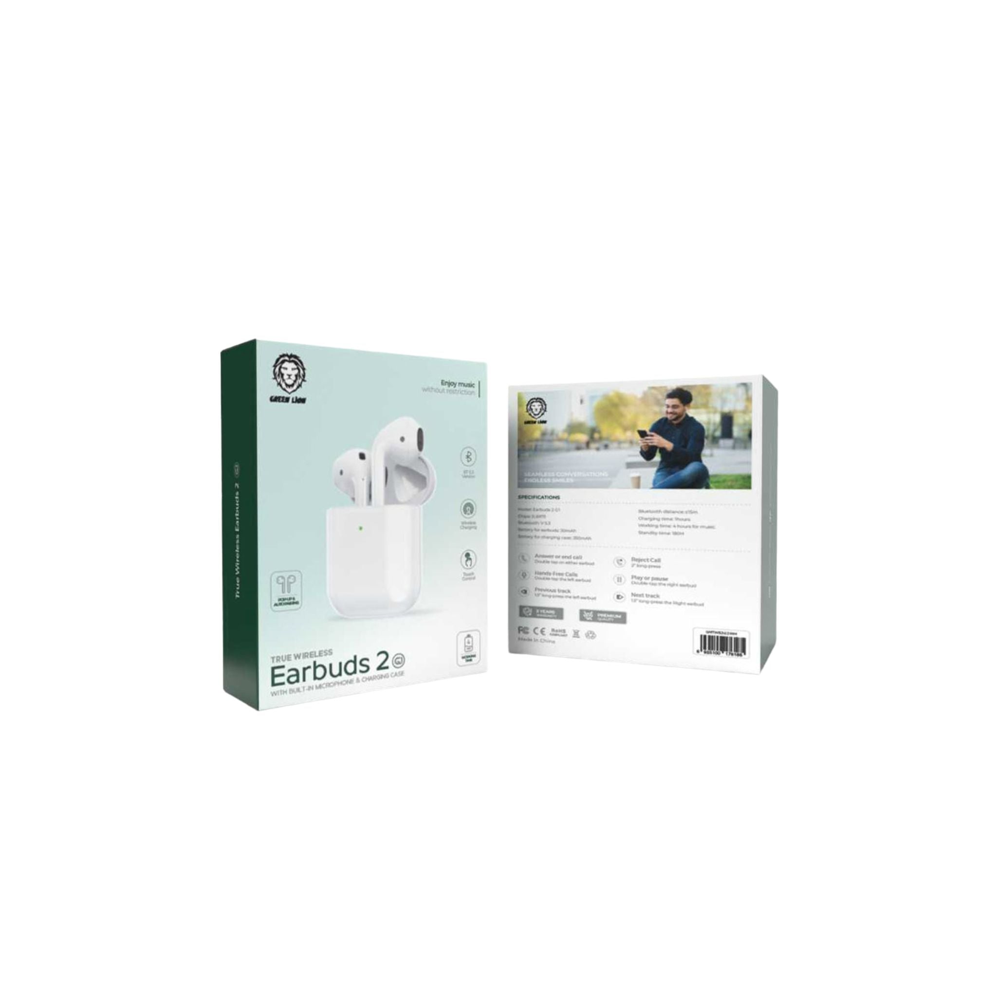 Green Lion Earbuds 2 G1 with 4 Hours Working Time, Wireless Charging, Touch Control, Bluetooth Version 5.3, 180 Hours Standby Time, Pop-Up & Auto Pairing - White