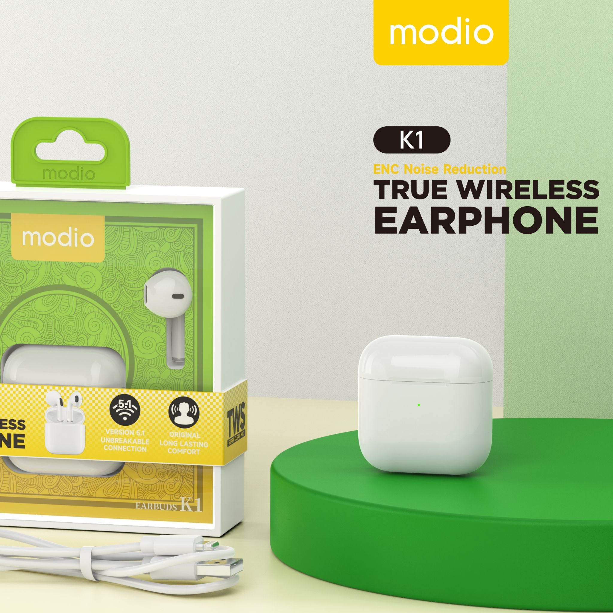 Modio K1 True Wireless Earbuds – White, In-Ear Comfort, Touch Controls, Bluetooth 5.1 Unbreakable Connection, HD Stereo Sound, Durable Long-Lasting Design, Wireless Headphones for Music & Calls