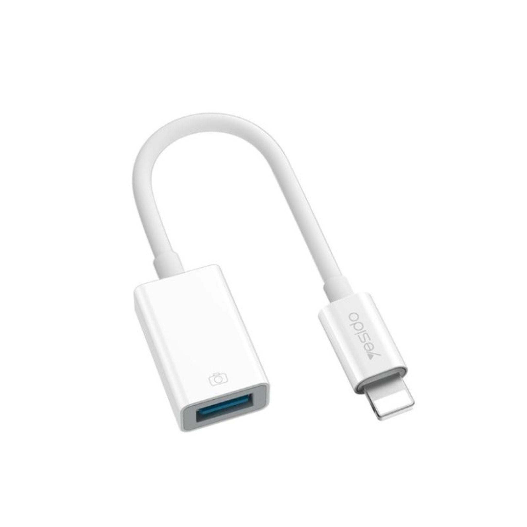 A white Yesido GS10 Lightning to USB OTG adapter with a Lightning male connector on one end and a USB female port on the other.