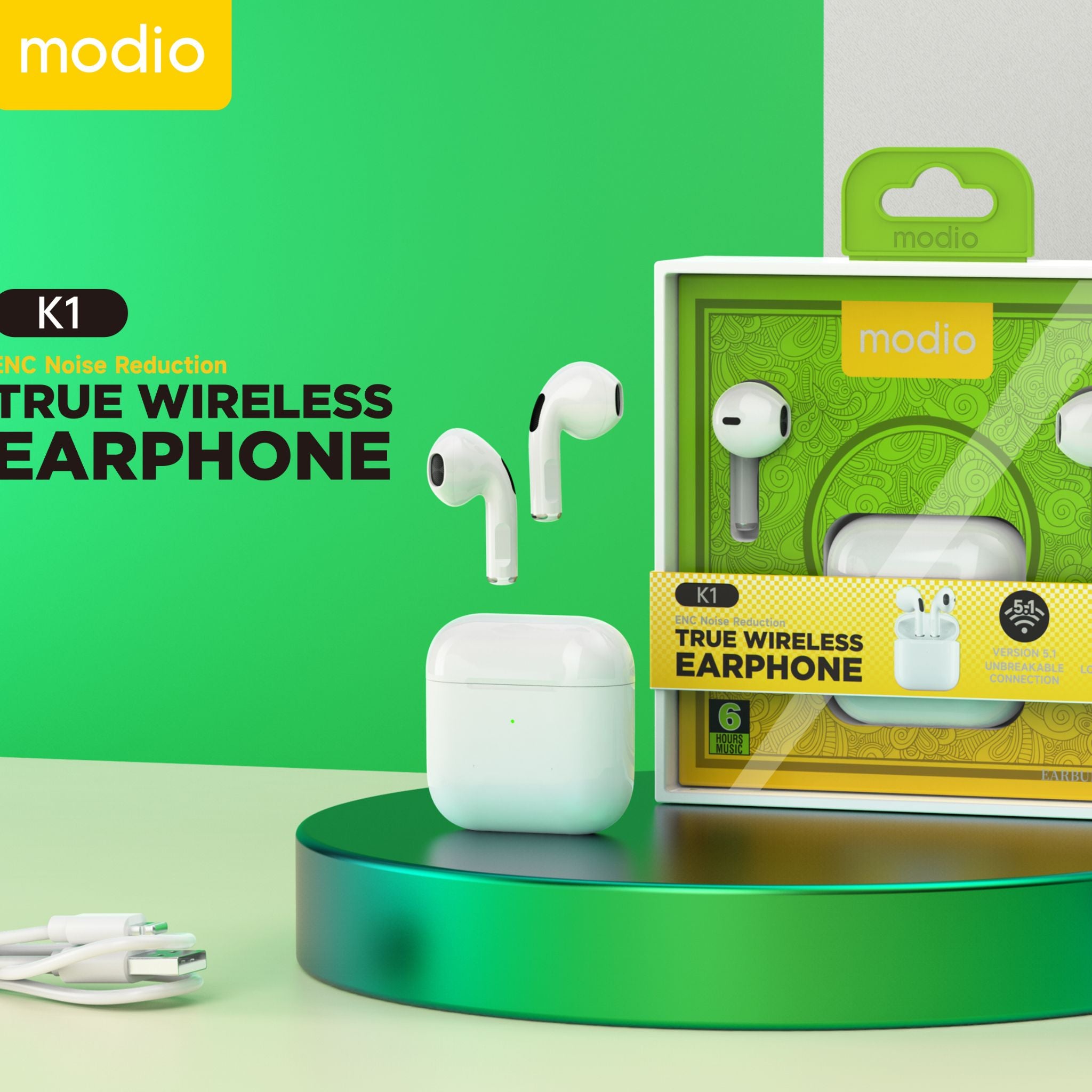 Modio K1 True Wireless Earbuds – White, In-Ear Comfort, Touch Controls, Bluetooth 5.1 Unbreakable Connection, HD Stereo Sound, Durable Long-Lasting Design, Wireless Headphones for Music & Calls