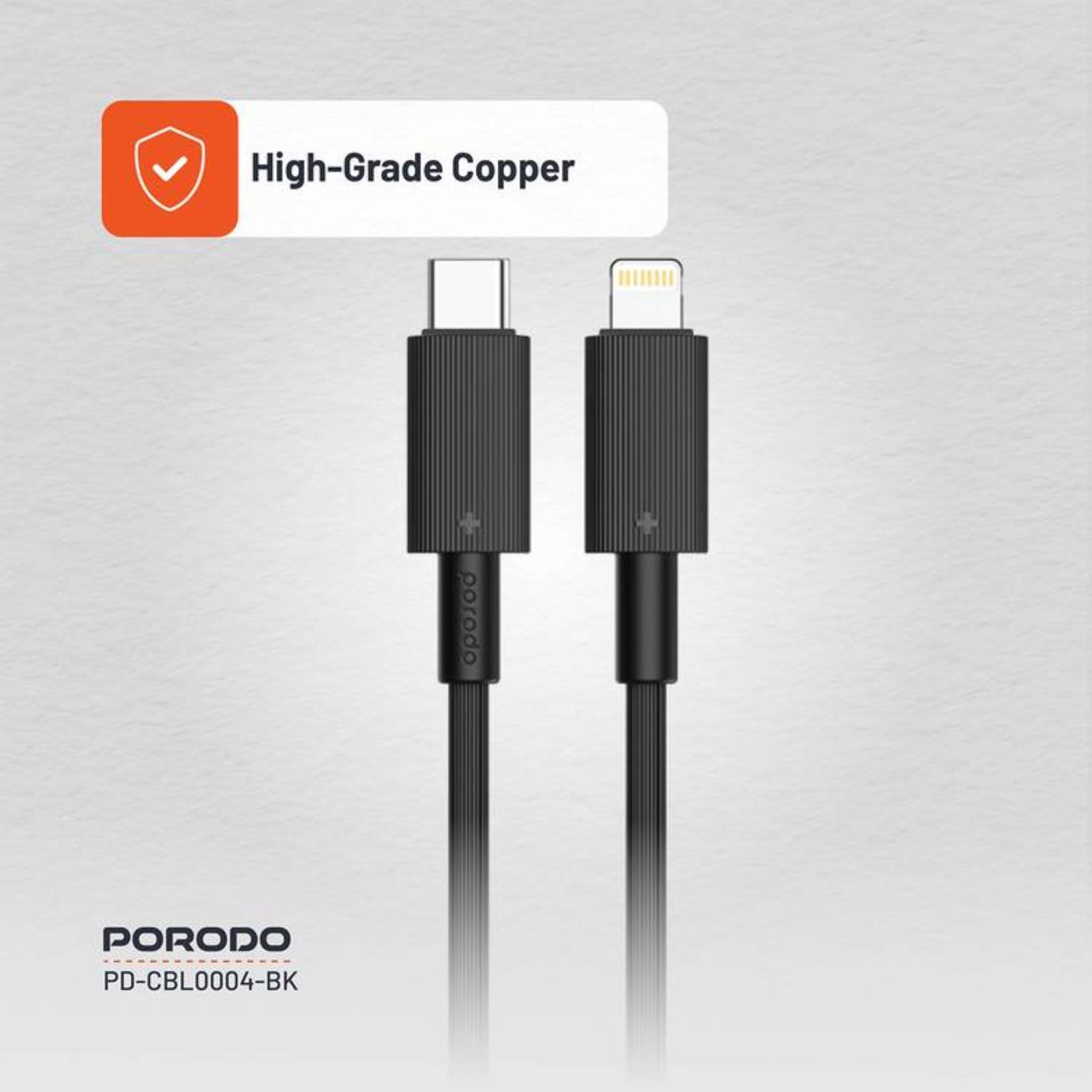 Porodo USB-C to Lightning PVC Cable, 480Mbps Transfer Speed, PD 27W, More than 15000 Bends Life Span, 1.2m Cable Length, Tangle Free - Black