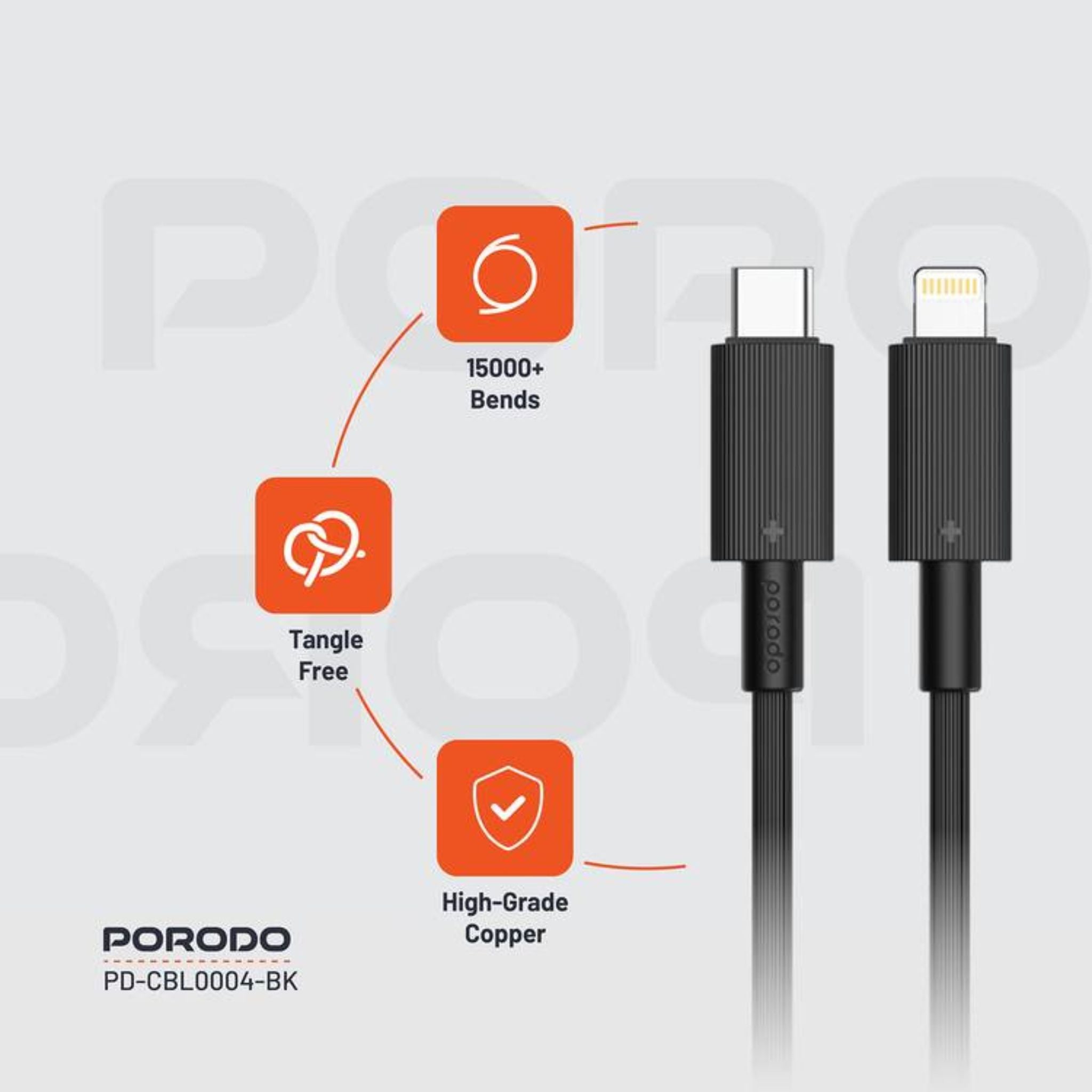Porodo USB-C to Lightning PVC Cable, 480Mbps Transfer Speed, PD 27W, More than 15000 Bends Life Span, 1.2m Cable Length, Tangle Free - Black