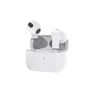 A pair of white in-ear true wireless earphones with a charging case.