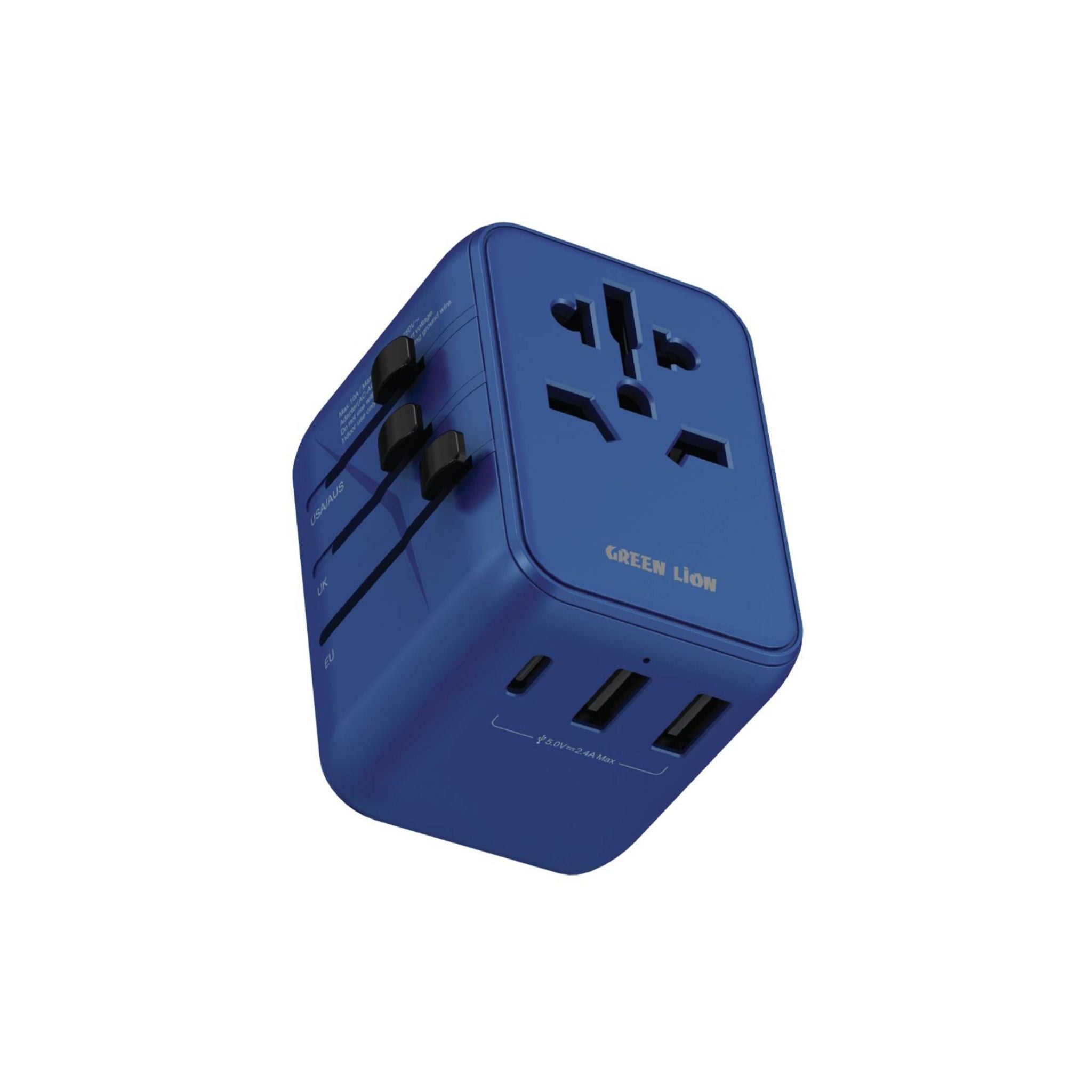 A compact and travel-friendly blue universal travel adapter with multiple ports, including USB ports, and designed for international use with various pin types.