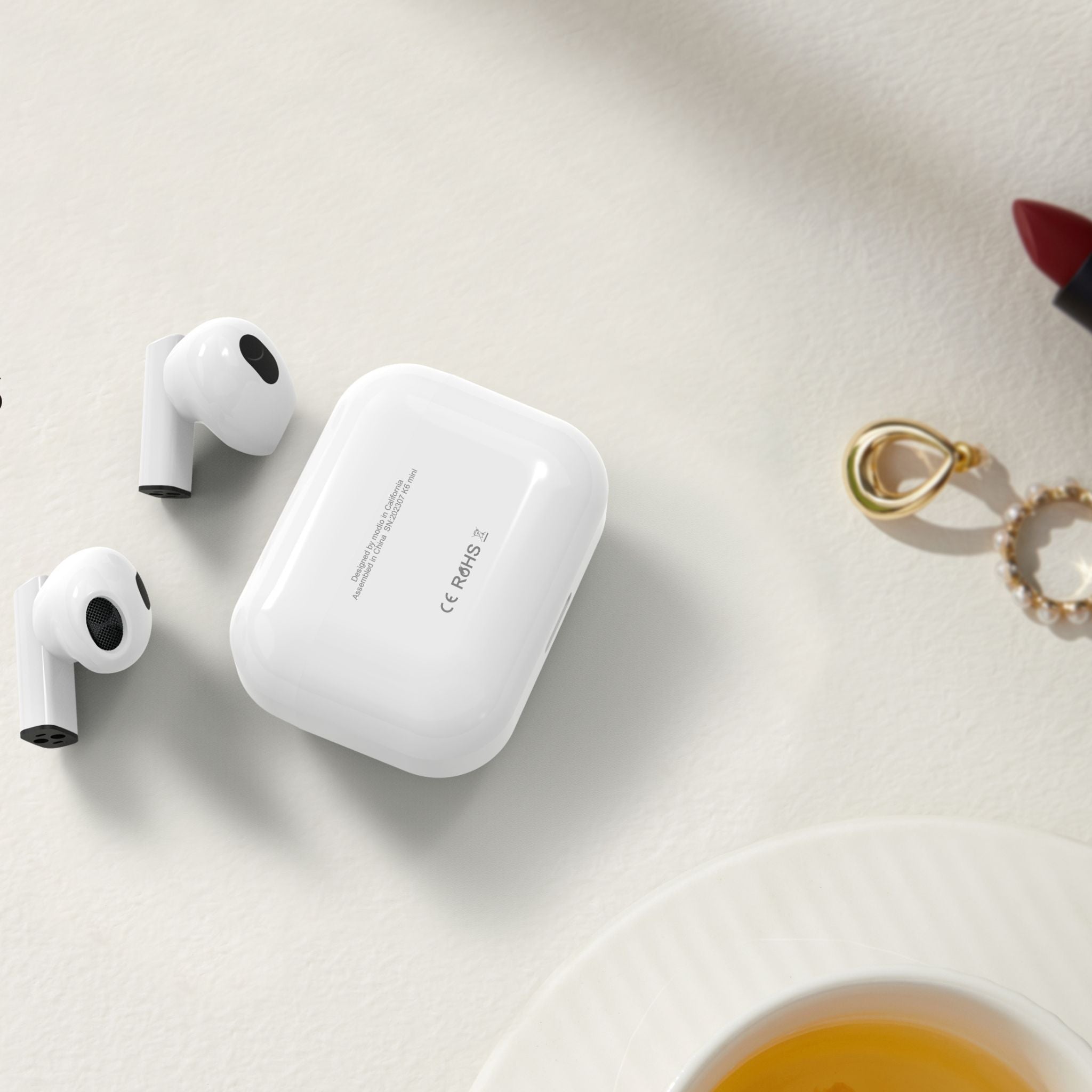 Modio K6 Mini True Wireless Earphones – White, In-Ear Comfort, Bluetooth 5.1, Touch Controls, Noise Isolation, Long Battery Life, Portable Design, High-Quality Audio for Music & Calls