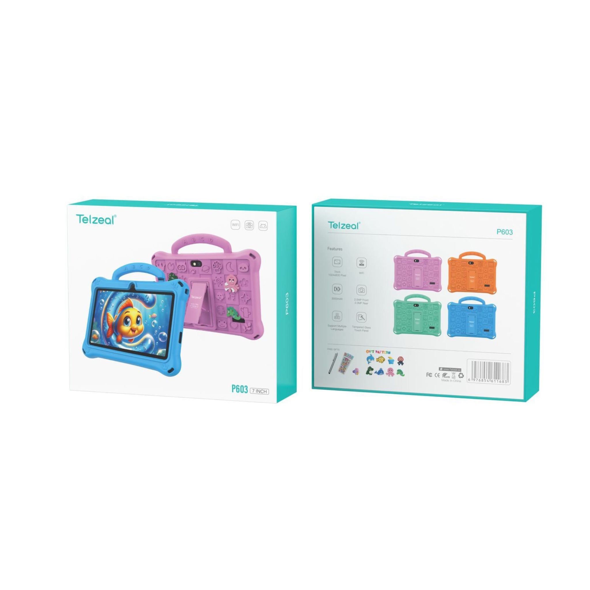 Telzeal P603 Kids Tablet – 7 Inch Display (6+128GB) 1024x600 HD Display, Wi-Fi, 3000mAh Battery, 2MP Front & Rear Cameras, Tempered Glass & Touch Panel + Free Gifts-Orange