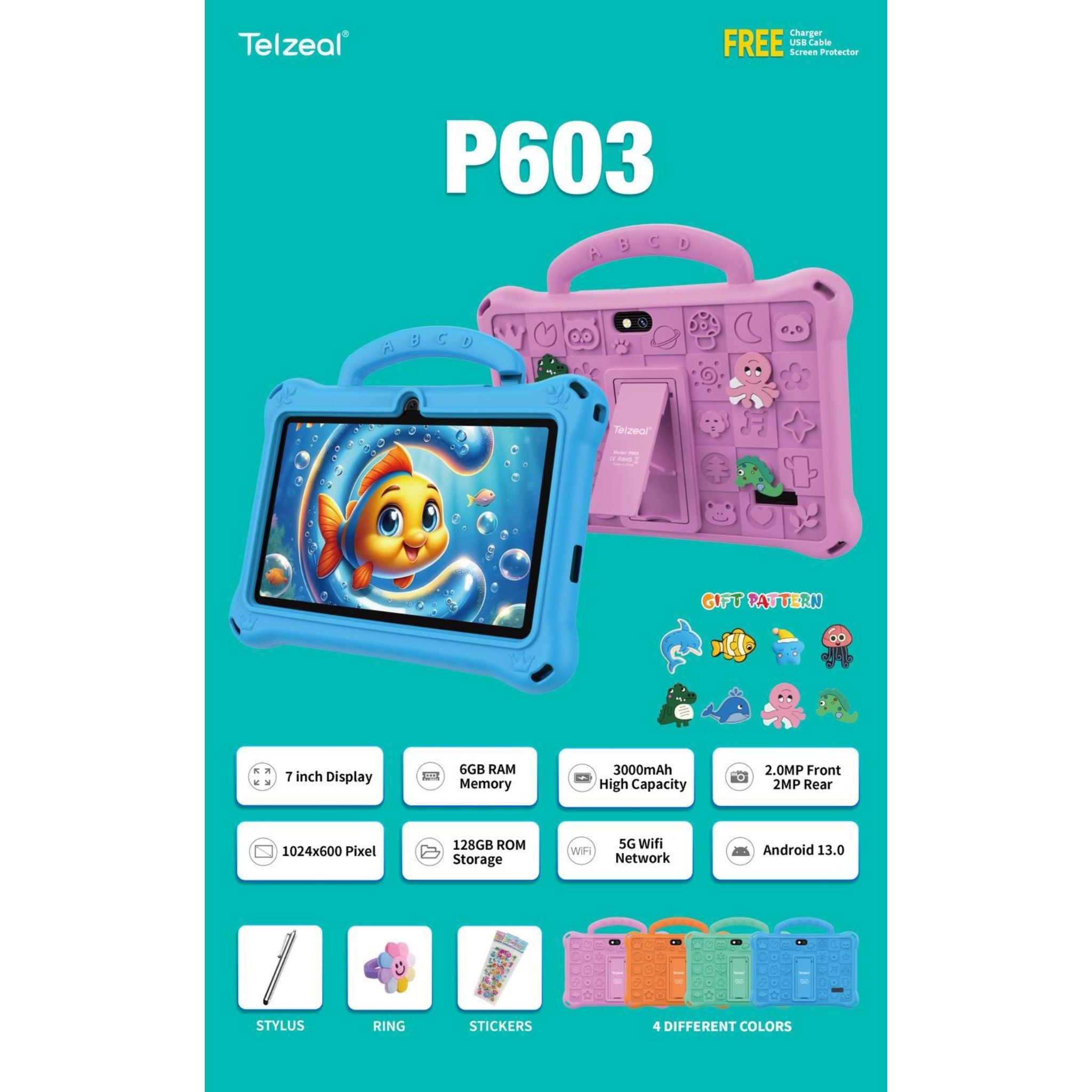 Telzeal P603 Kids Tablet – 7 Inch Display (6+128GB) 1024x600 HD Display, Wi-Fi, 3000mAh Battery, 2MP Front & Rear Cameras, Tempered Glass & Touch Panel + Free Gifts-Blue