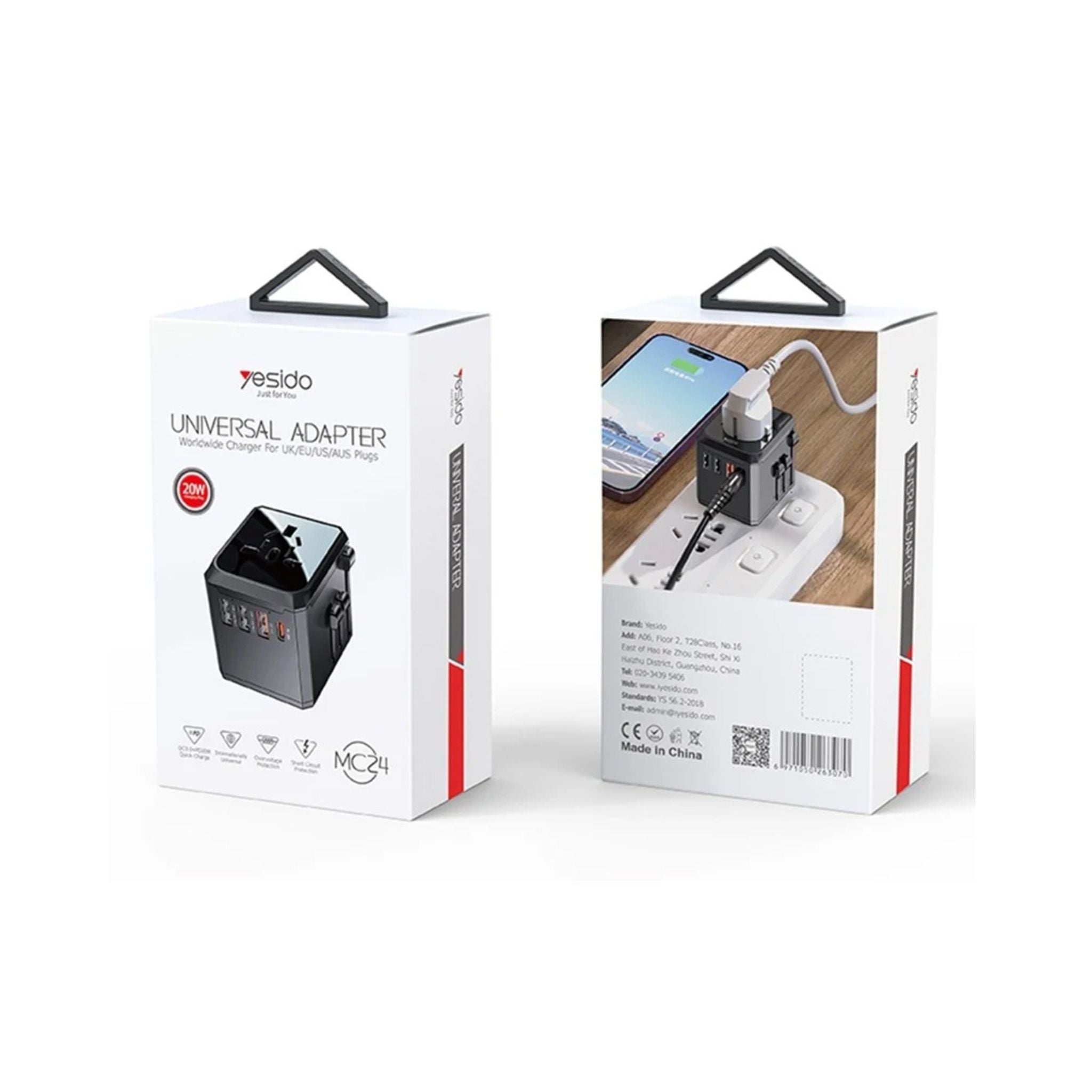Yesido MC24 20W 3 USB + Type-C Ports Multi-Function Universal Travel Adapter Plug – Black