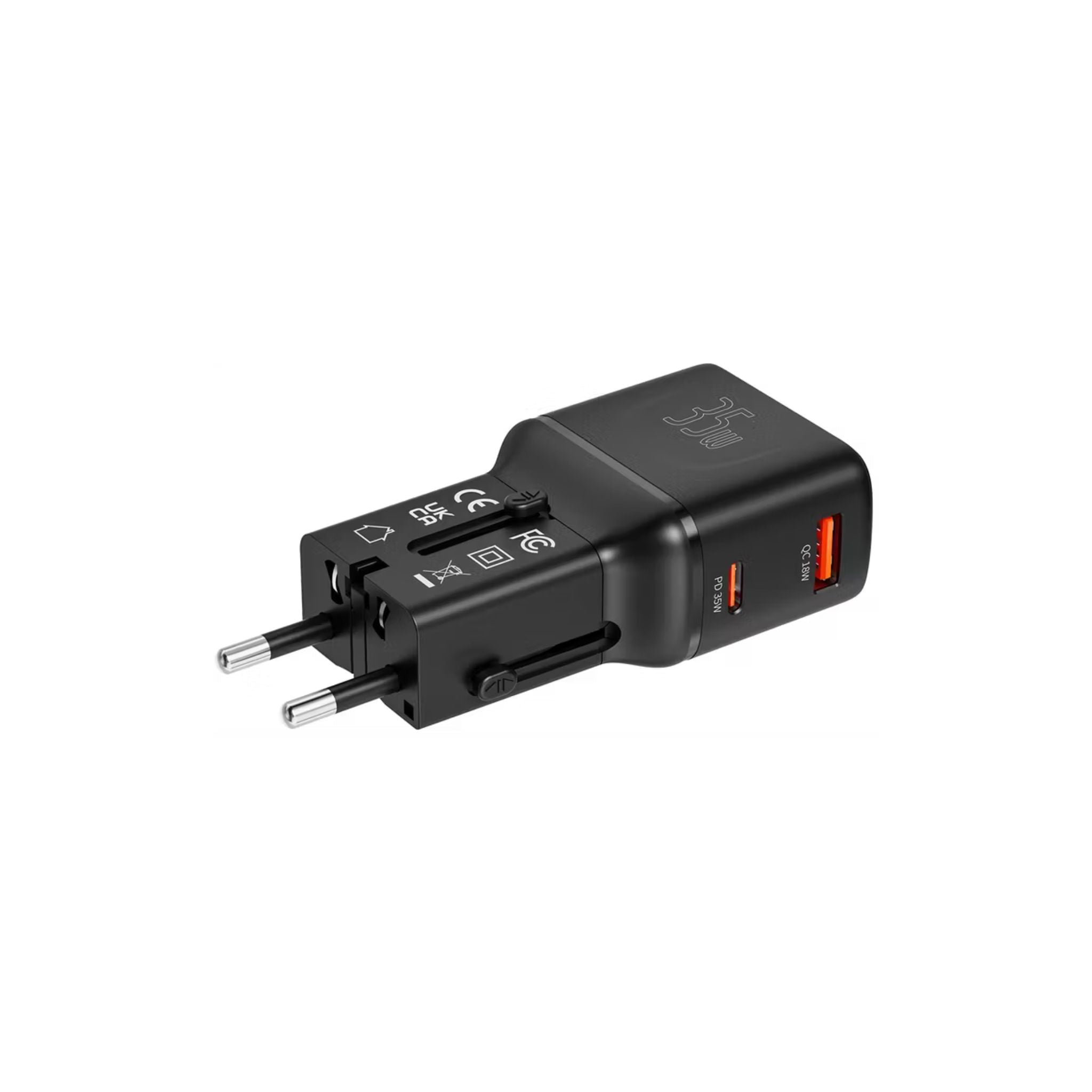 Porodo Universal Travel Pocket Charger with 800mA Battery Capacity, Supported UK, EU, US & AU Plugs, 35W Mini Universal Charger, USB-A & USB-C Ports, Built-in Safeguards, 200+ Countries - Black
