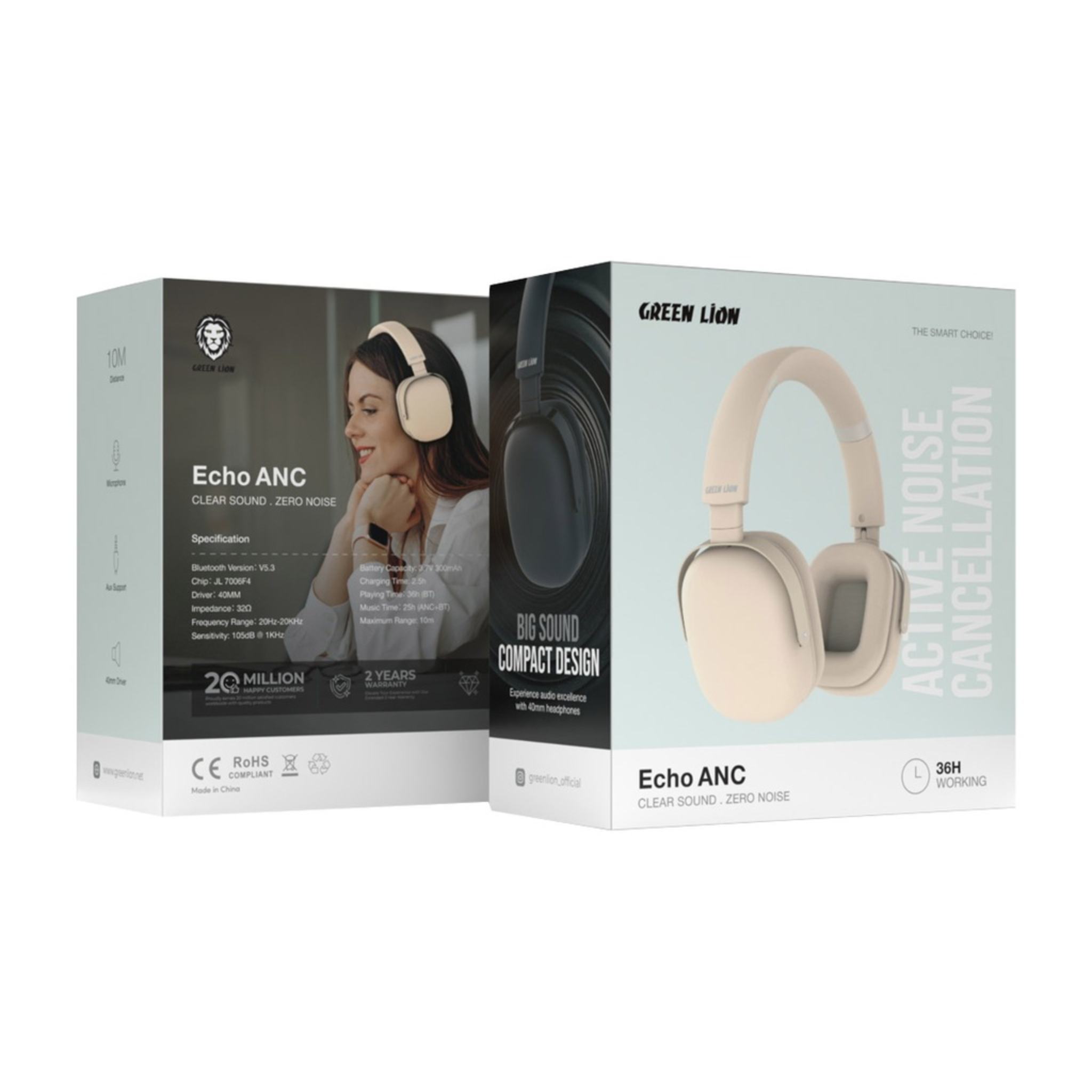 Green Lion Eco ANC Clear Sound Zero Noise Headphone,Active Noise Cancellation,40mm Audio Driver,36 Hours Working,AXU Support,Built In Microphone,10M Distance,Bluetooth V5.3,2.5H Recharge Time - Beige