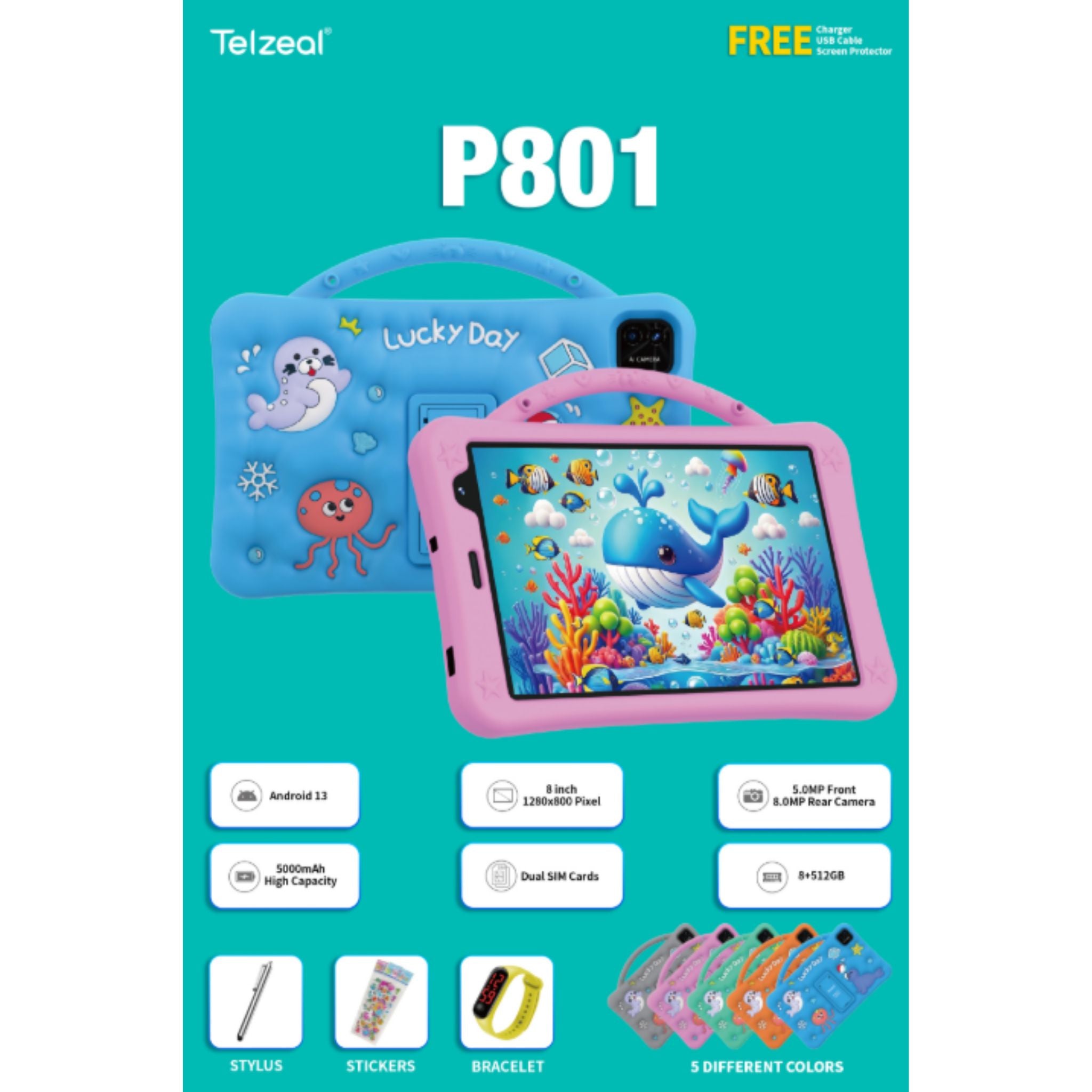 Telzeal P801 Kids Tablet 8-Inch Android 13 with 8GB RAM 512GB Storage, Dual SIM, Dual Camera, 5000mAh Battery | Educational Tablet for Kids with Stylus & Protective Case – Green