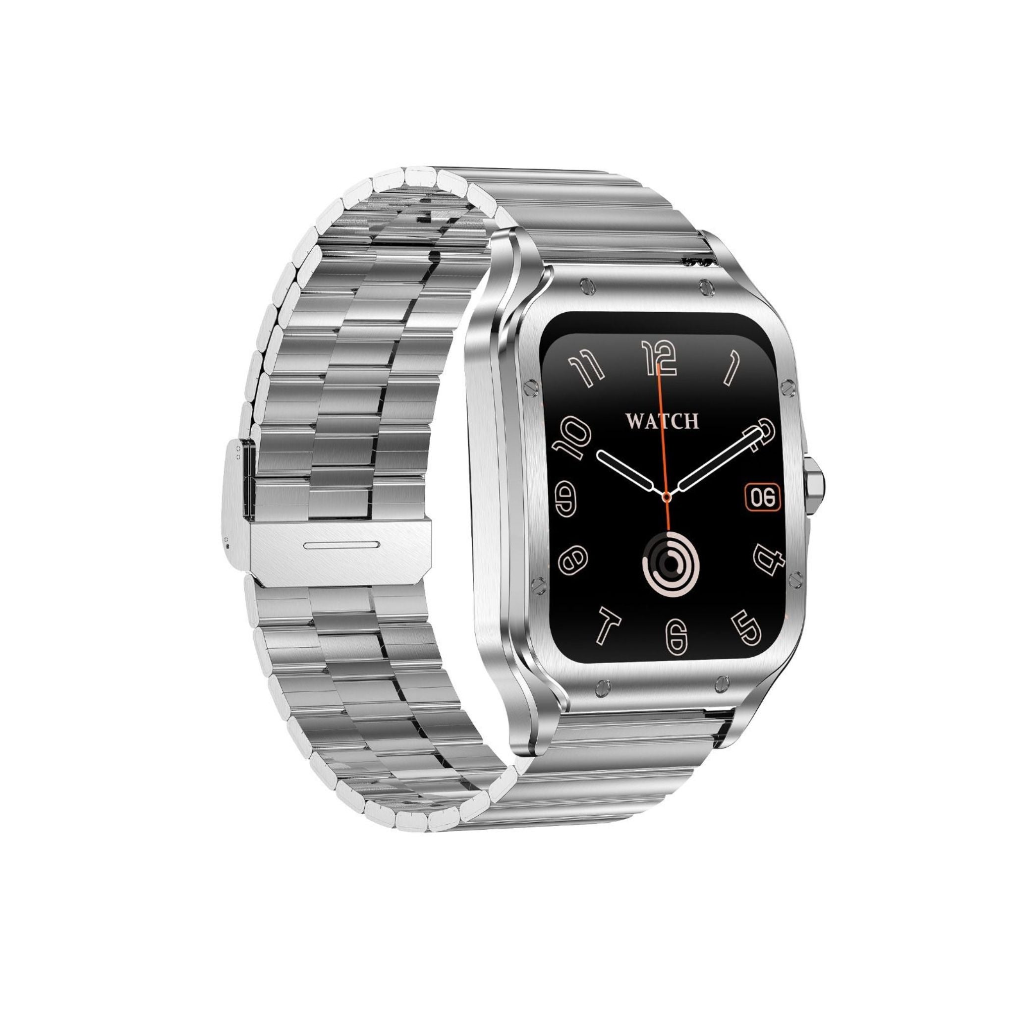 A silver Green Lion smartwatch with a metal band and a square black display showing time and various watch faces.