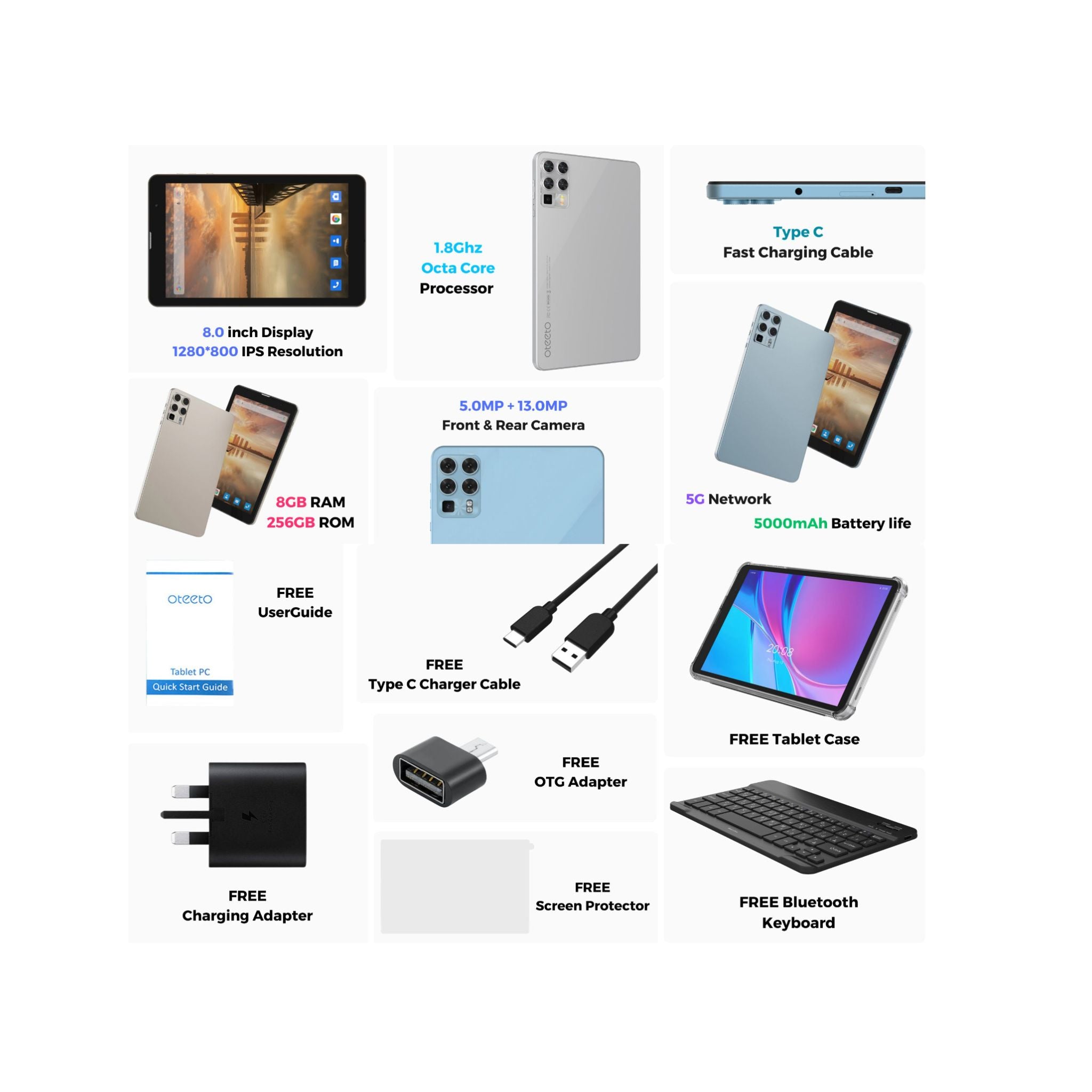 Oteeto Tab 8 Tablet, 8" 1280x800 IPS LCD Display, Octa-Core 1.8GHz Processor, 8GB RAM, 256GB ROM, 5.0MP Front + 13.0MP Rear Camera, 5000mAh, Android 13-Grey