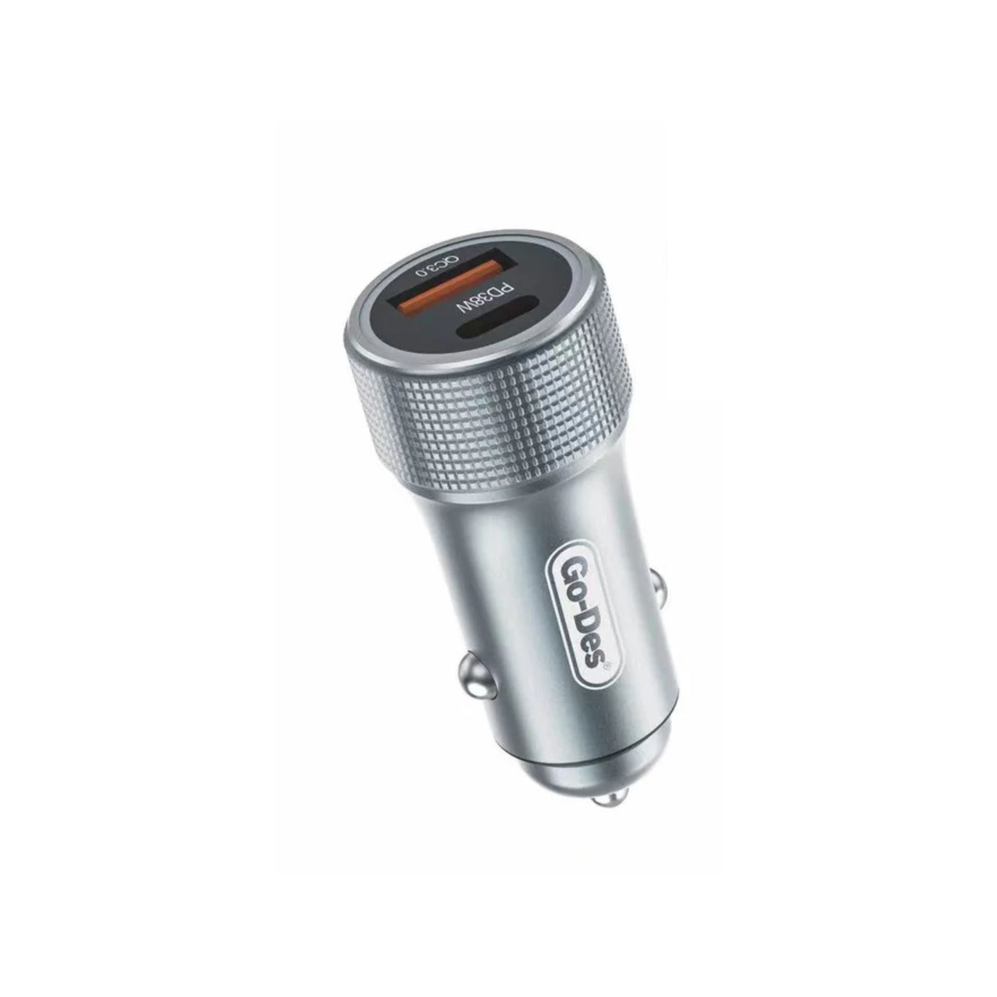Silver car charger with dual USB ports on a white background