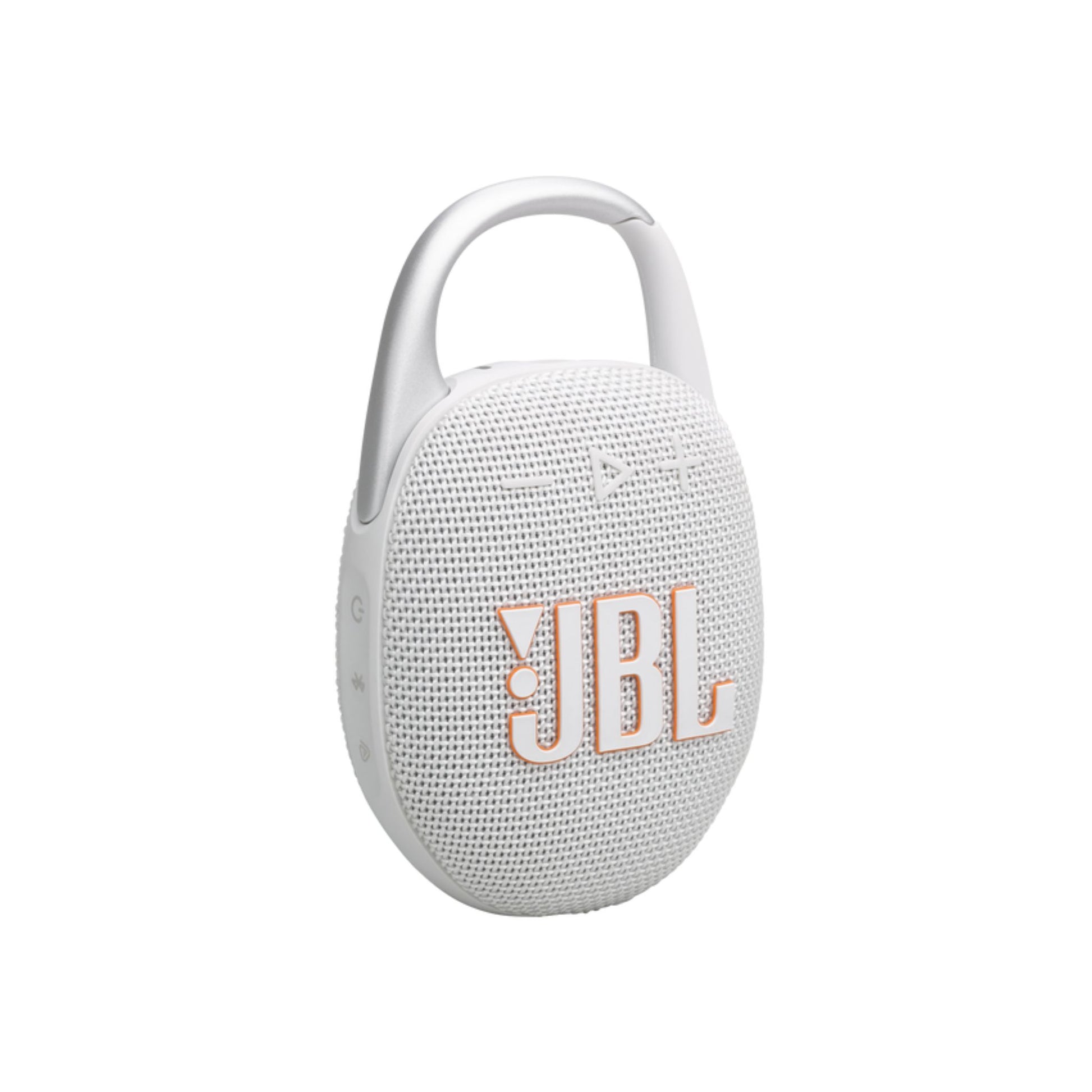 A white JBL Clip 5 portable wireless speaker with a built-in carabiner.