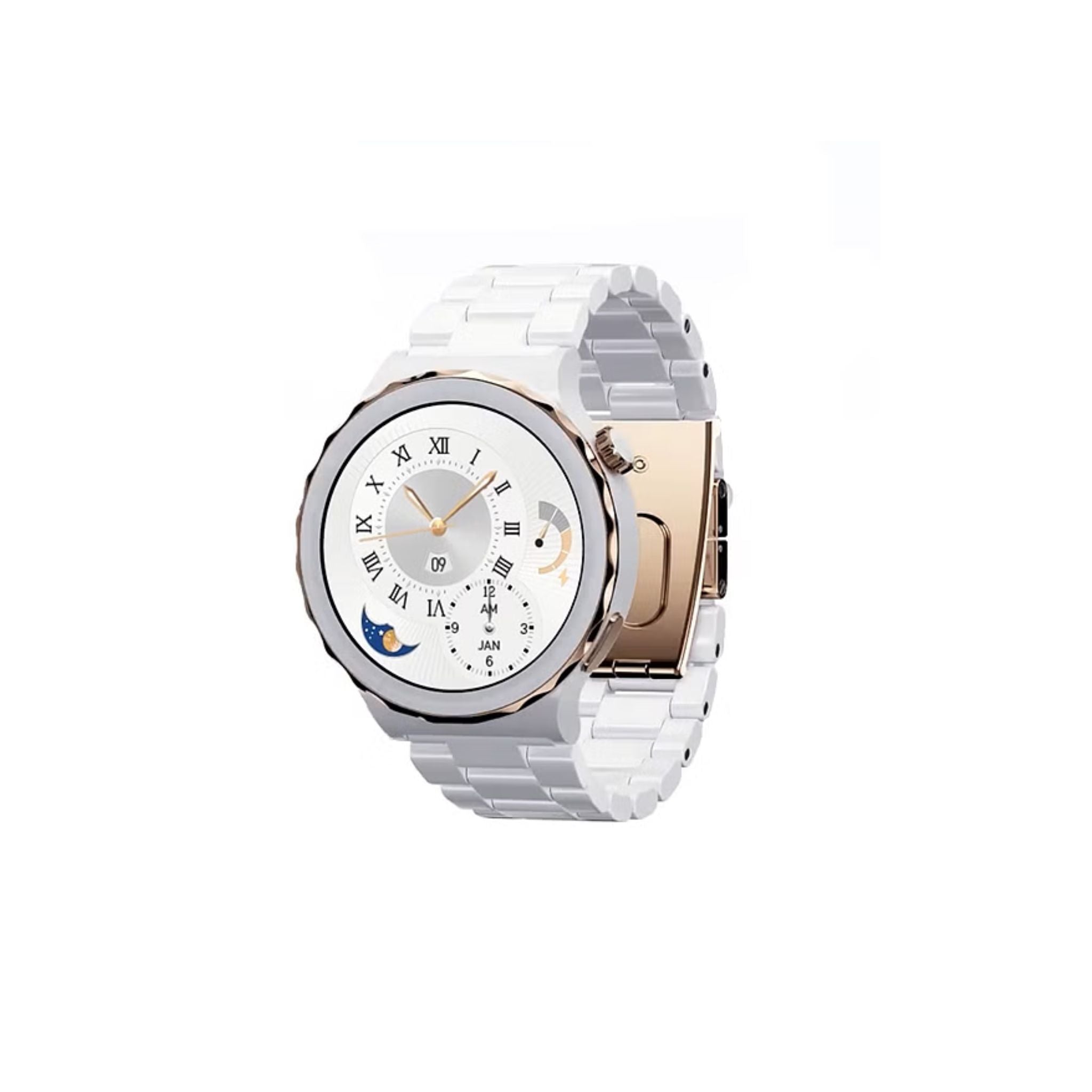 Haino Teko RW-15 Smartwatch with 3 Replacement Bands (Ceramic, Leather & Silicone) and Wireless Charger – Gold