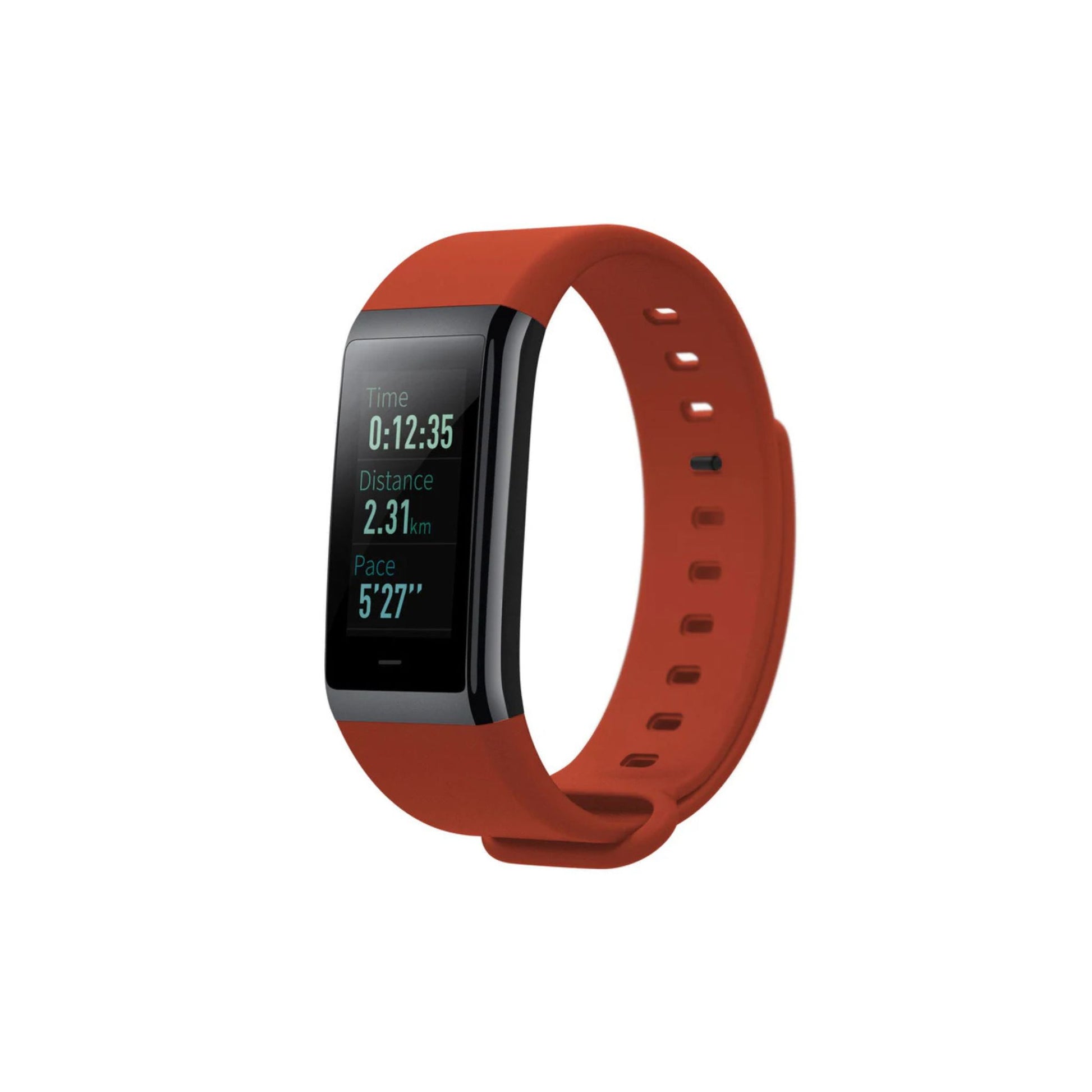 Red fitness tracker on a white background