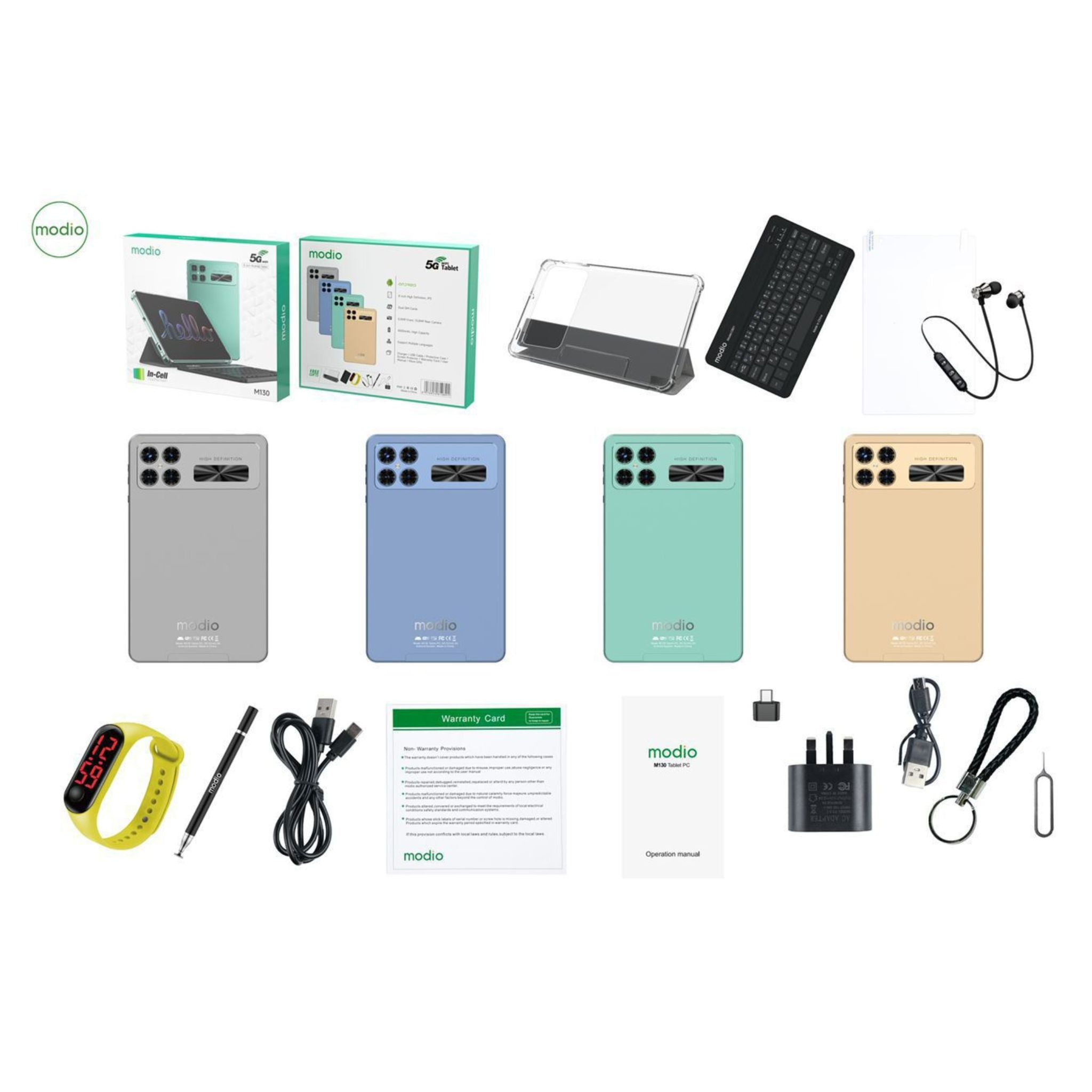 An 8-inch Modio M130 5G Wifi Android tablet PC in green color with accessories including a charger, USB cable, protective case, screen protector, and more.