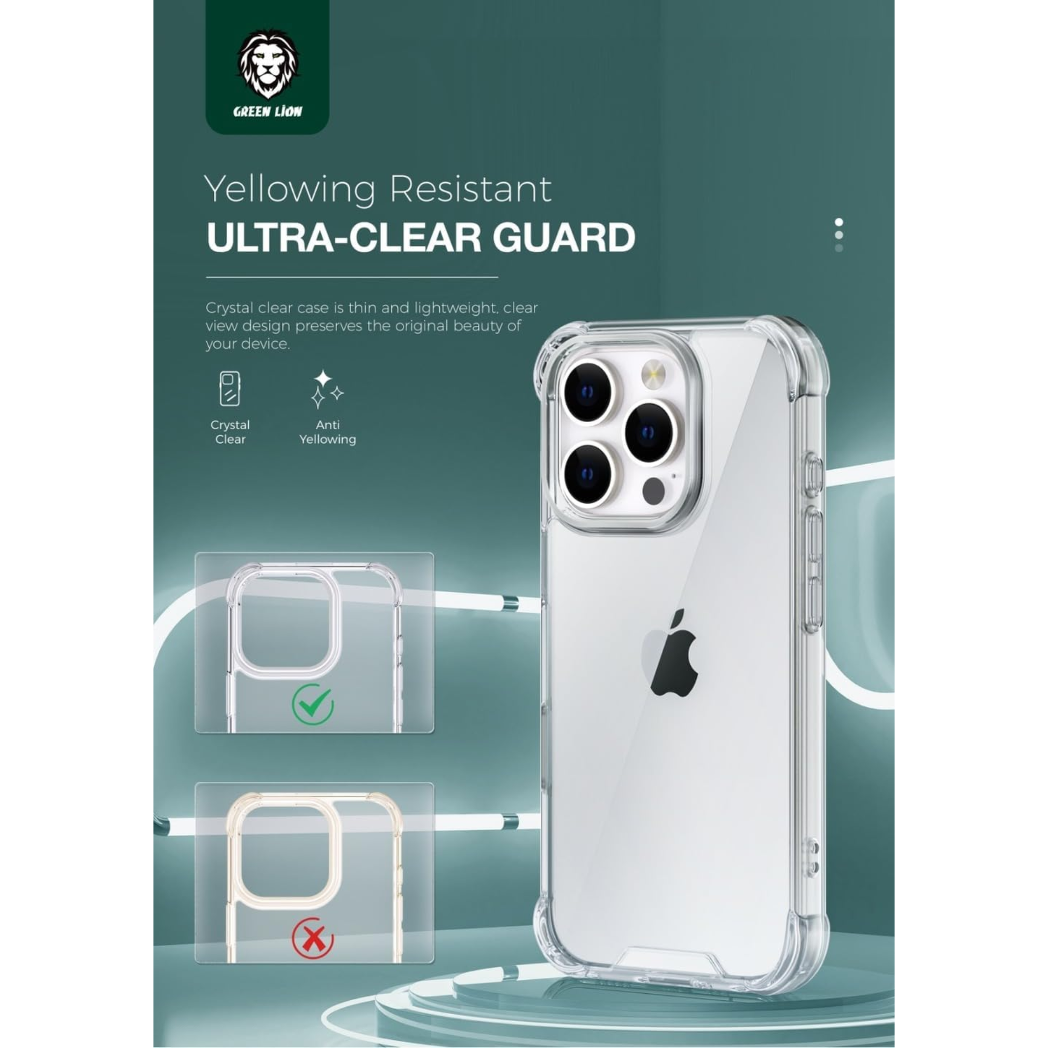 Green Lion Case For iPhone 16 Pro Anti-Shock Bumper Cover, Drop Protection, Camera Protection, Anti Scratch, Hybrid Protection, None-Yellowing Clear Cover, Comfortable Feel, Durable Build - Clear