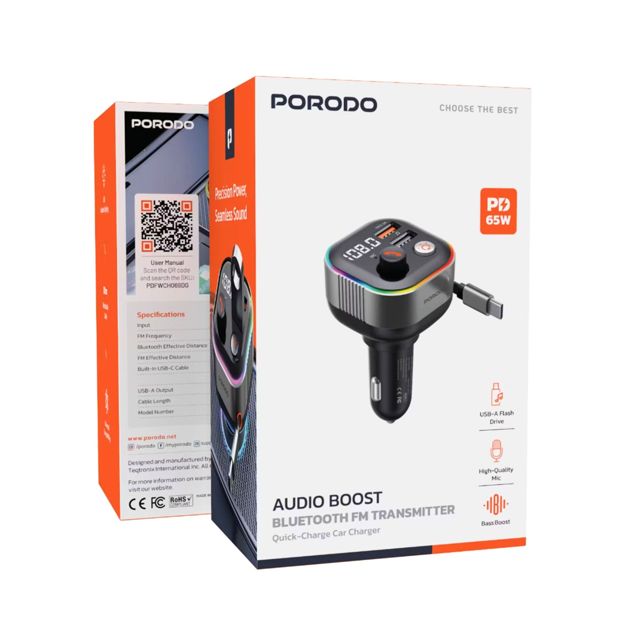 Porodo Audio Boost Bluetooth FM Transmitter Quick-Charge Car Charger with 65W PD, USB-A & USB-C Outputs, USB Flash, 80cm Retractable Type-C Cable, 87.5-107.8 FM Frequency, LED Ambient Lighting, Universal Compatibility - Dark Gray