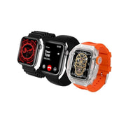 Three smart watches with square faces, showcasing different designs and colors. One watch has a black band and case with a black dial, another has a black band and case with a red dial, and the last one has a white band and case with a clear dial.